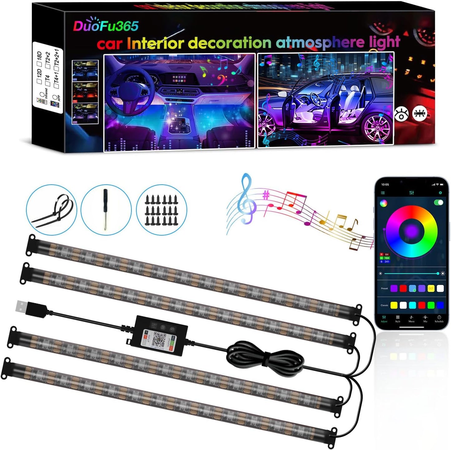 Car Led Strip Lights, RGB Truck Interior Lights with App Control, Under Dash Footwell Automotive Led Light Strip, Car Ambient Lighting (1set)