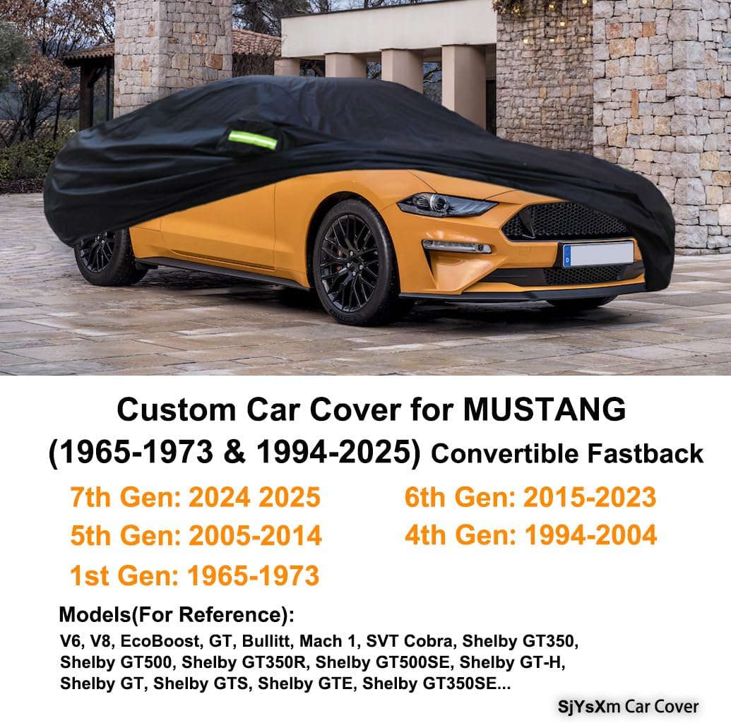 Custom Car Cover Compatible with Ford Mustang 2025-1994 1965-1973 Convertible Coupe, Waterproof All Weather Mustang Cover with Cotton Lining, Heavy Duty Rain Snow Sun UV Covers for Outdoor