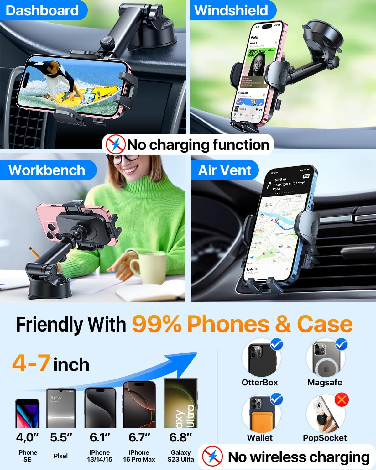 2025 Ultimate Car Phone Holder【80+LBS Strongest Suction & Military-Grade】 Universal Cell Phone Holder Truck Car Mount for Dashboard Windshield Air Vent for iPhone 16 Pro Max 15 Samsung 2pcs,Black