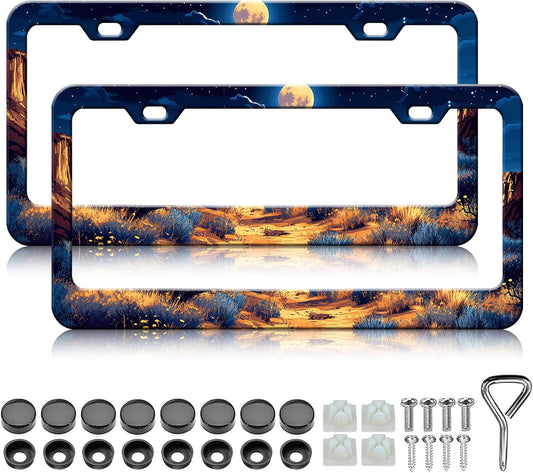 Moon License Plate Frames - 2 Pack Starry Sky Moonlight Stainless Steel License Plate Holder,Rust-Proof Waterproof Car Decorative Tag Frame with Screws Fasteners Caps