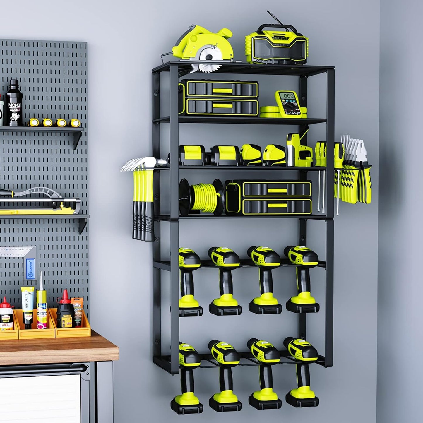 KAFAHOM Power Tool Organizer,8 Drill Holder Wall Mount,6 Layer Heavy Duty Metal Tool Storage Rack,Large Utility Tool Shelf for Cordless Drill, Garage Wall Organizer for Lifetime Use