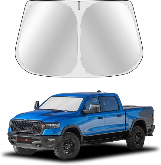 Custom Fit Windshield Sun Shade for Dodge RAM 1500 2019-2025 - Full Coverage, 210T Reflective Fabric, Double-Layer Design - Blocks 99% UV Rays, Keeps Car Cool, Easy to Install and Store