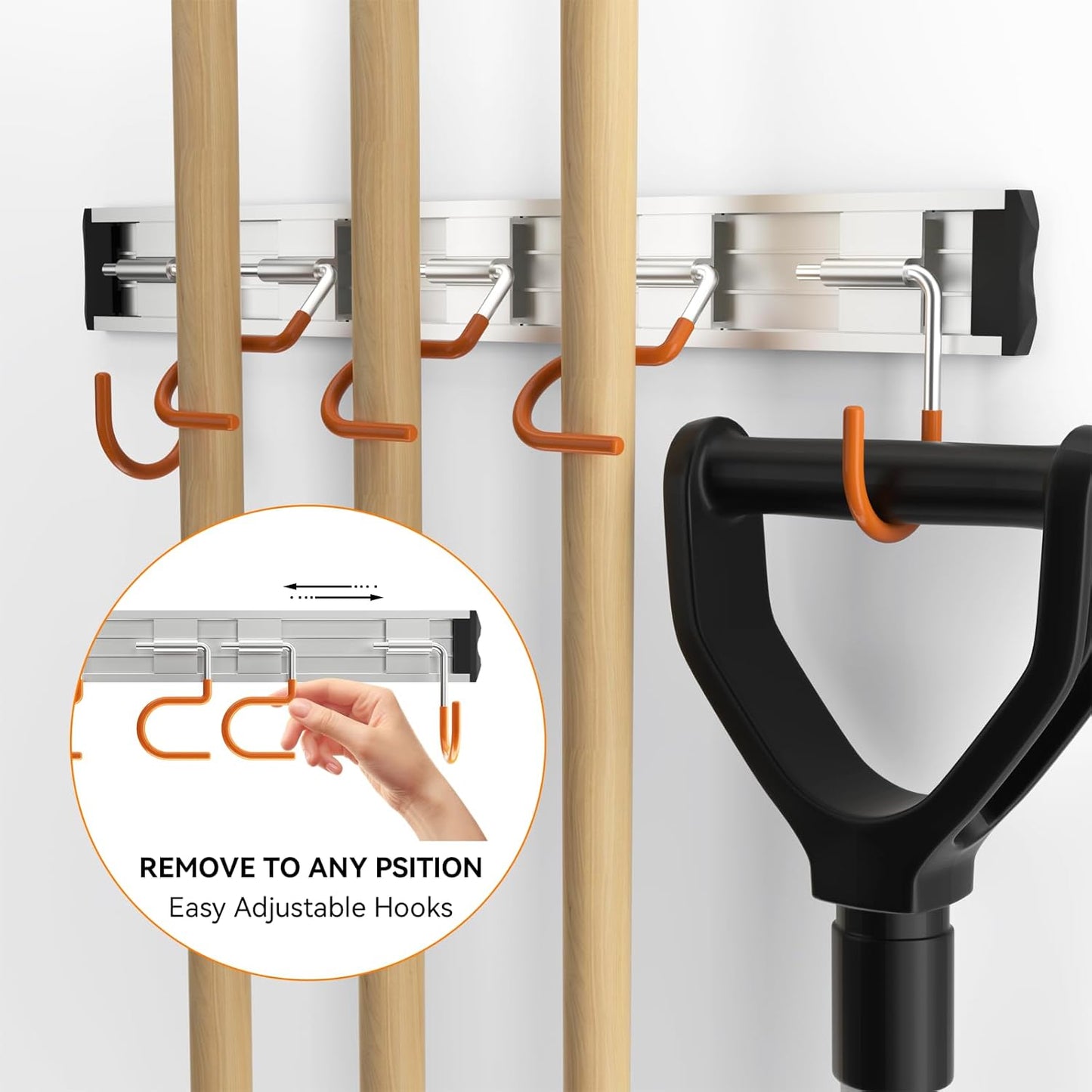 34.5'' Aluminum Alloy Garage Tool Organizer Hooks,Broom Holder Wall Mount, Adjustable Garden Wall Mount Holder for Hanging Shovel Broom Rake Bulk Items and More