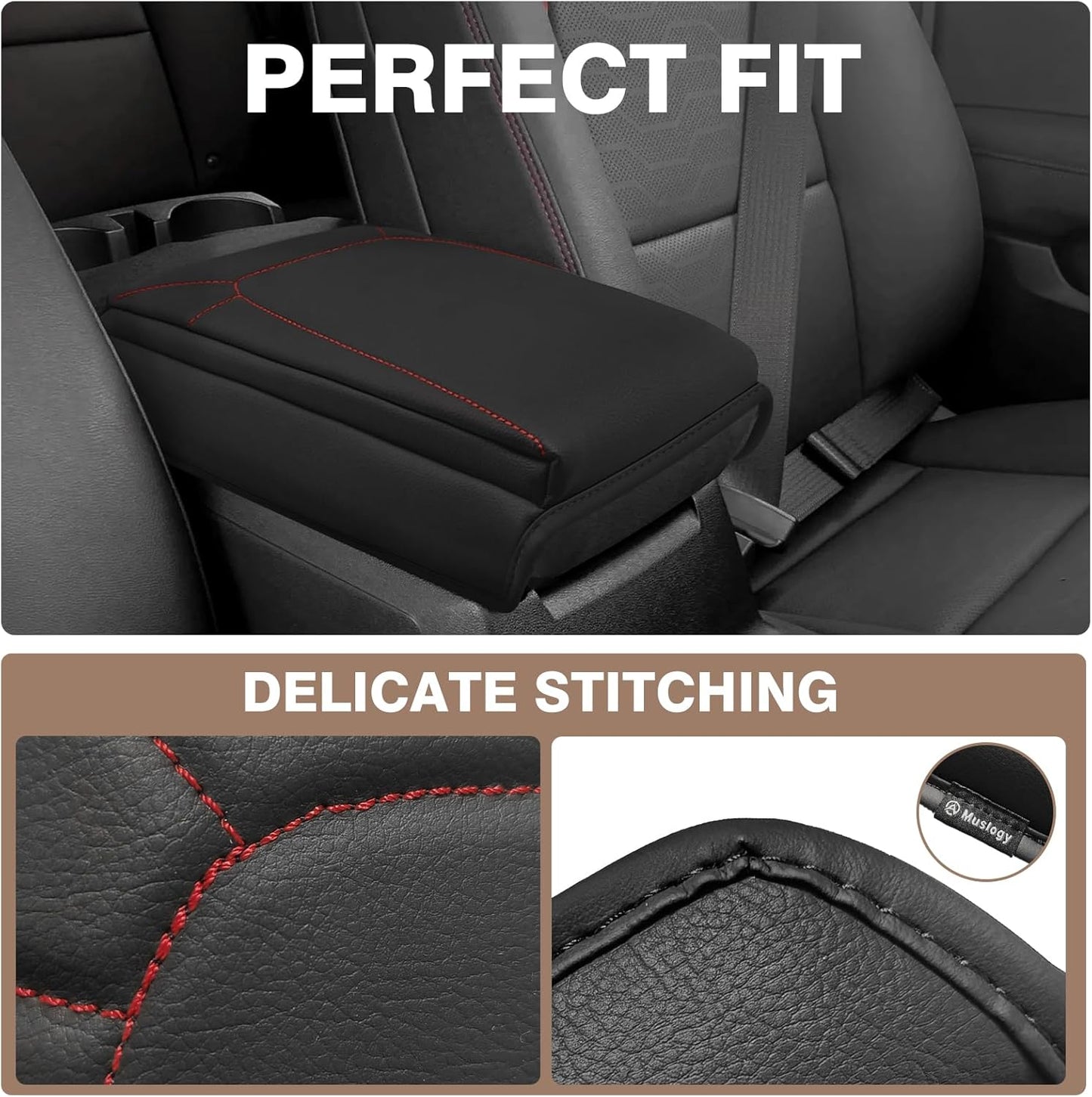 Muslogy Center Console Armrest Cover Compatible with Chevrolet Colorado/GMC Canyon 2023-2025 Accessories Arm Rest Cushion Anti-Scratch Middle Console Lid Protector 1-Inch Extra Thick(Red Stitching)