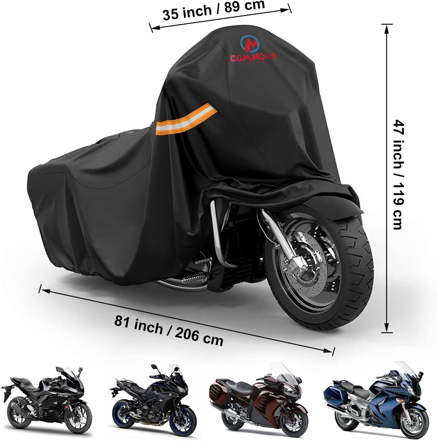 Comnova Motorcycle Cover 81 Inch - 600D Outdoor Moped Cover with Lock Hole Universal Fit, Heavy Duty & Waterproof Motor Cycle Protection for Harley, Honda, Kawasaki, Fit Up to 81" Motorcycles