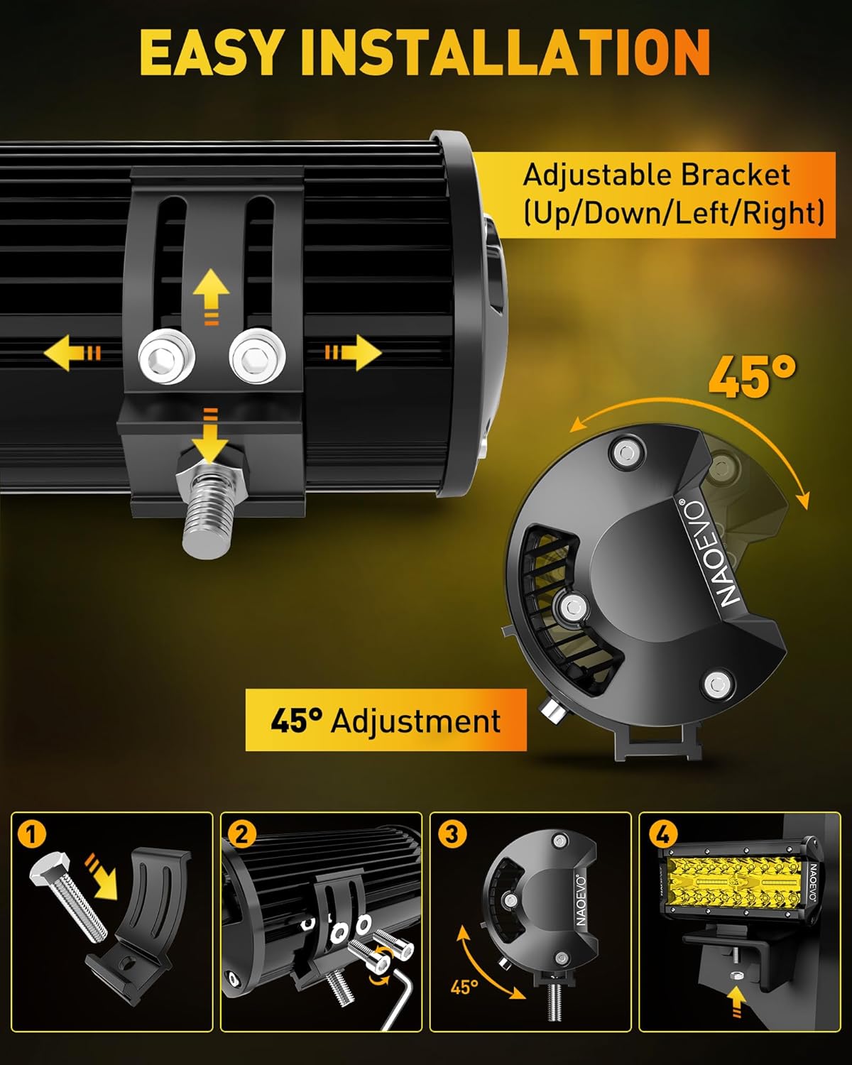 NAOEVO 7 Inch Yellow LED Light Bar, 240W 24,000LM Offroad Fog/Driving Lights LED Pods with 2 Leads Wiring Harness Kit, Spot & Flood Work for Truck Boat UTV ATV, 2-Pack (Yellow)