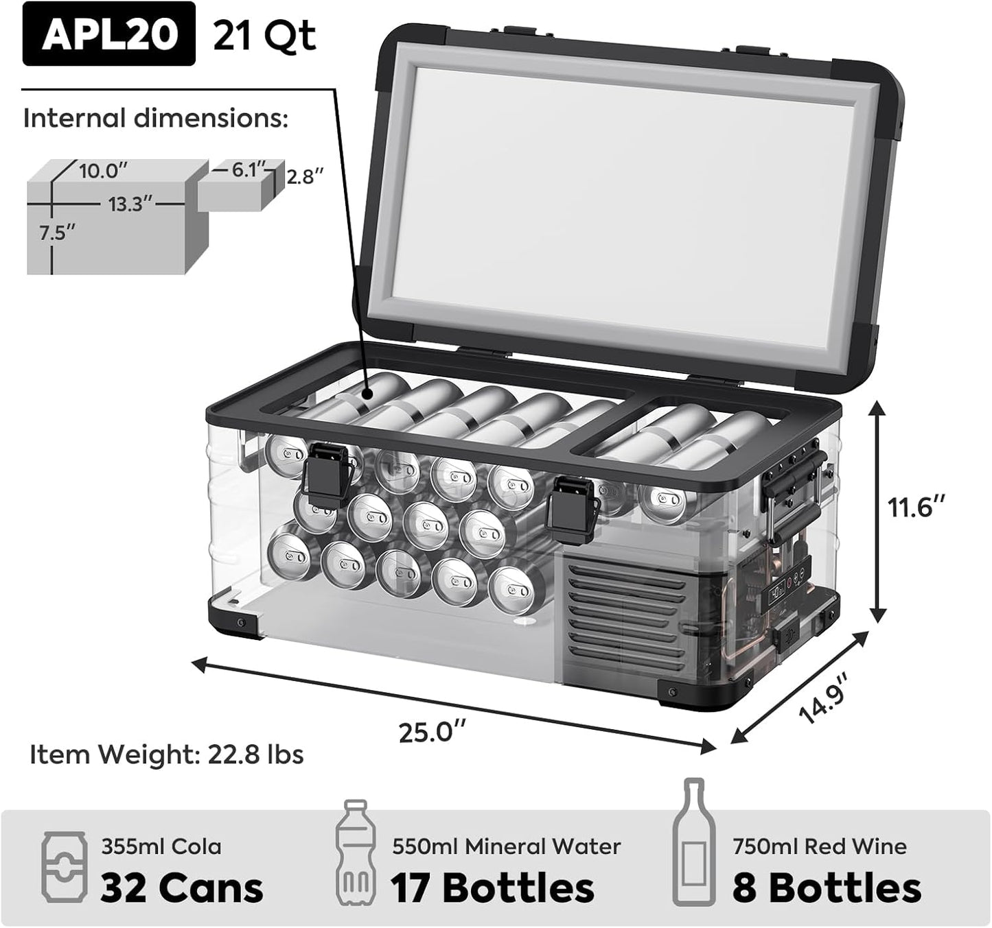 ICECO APL20 Portable Refrigerator, 21 Qts 12 Volt Fridge Freezer, Aluminum Car Fridge with SECOP Nano Compressor, Electric Cooler Powered by AC/DC or Solar, -4℉~68℉, Refrigerator for Vehicles, RV
