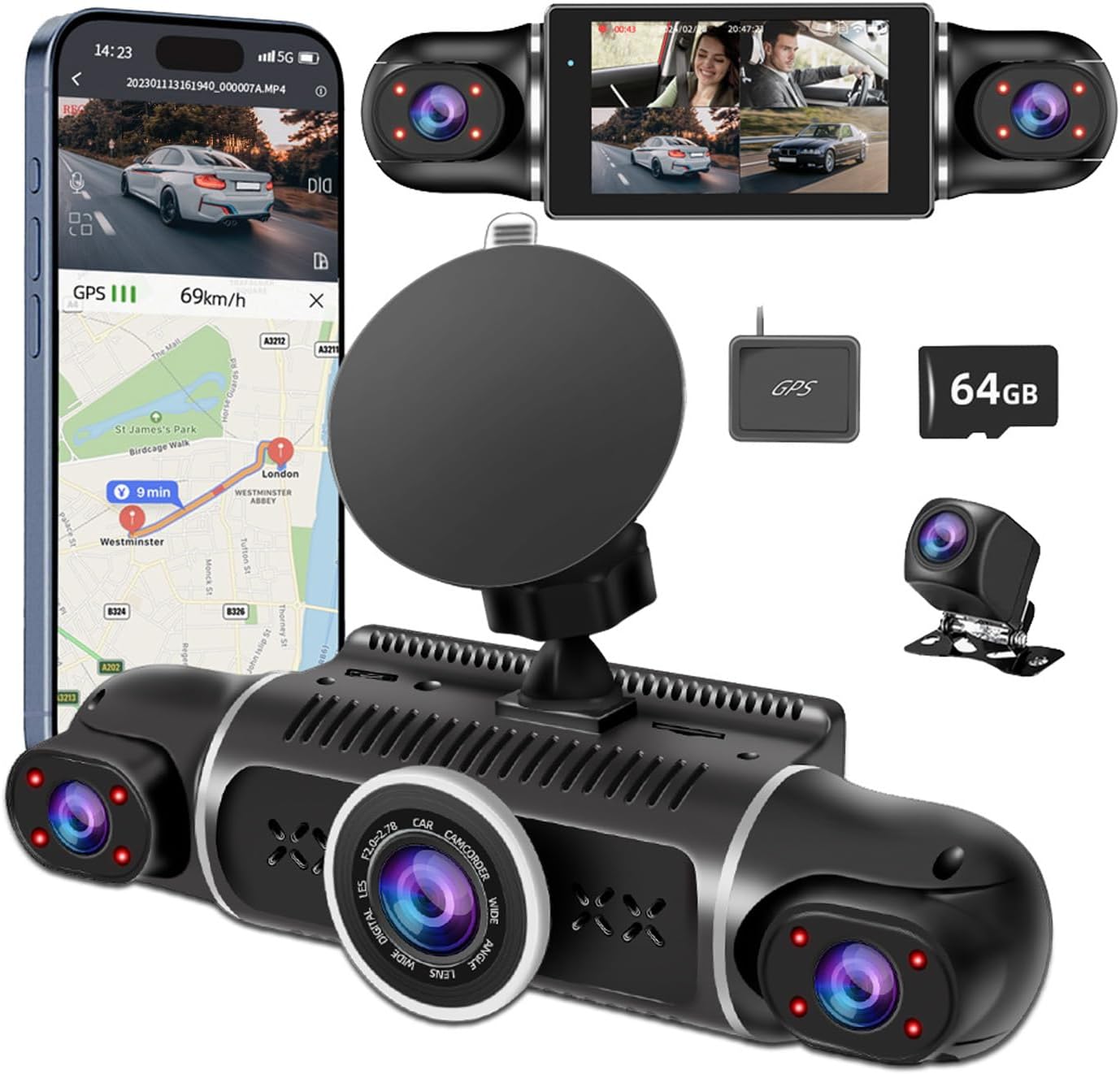 360° Dash Cam Front and Rear View 4 Channel Dash Camera FHD 2K+1080Px3 for Car, Inside/Back 170°+2x150°+170° Wide Angle, 8 IR Lamps Night Vision,WiFi,GPS, APP,G-Sensor with 64GB Card,24/7 Parking Mode