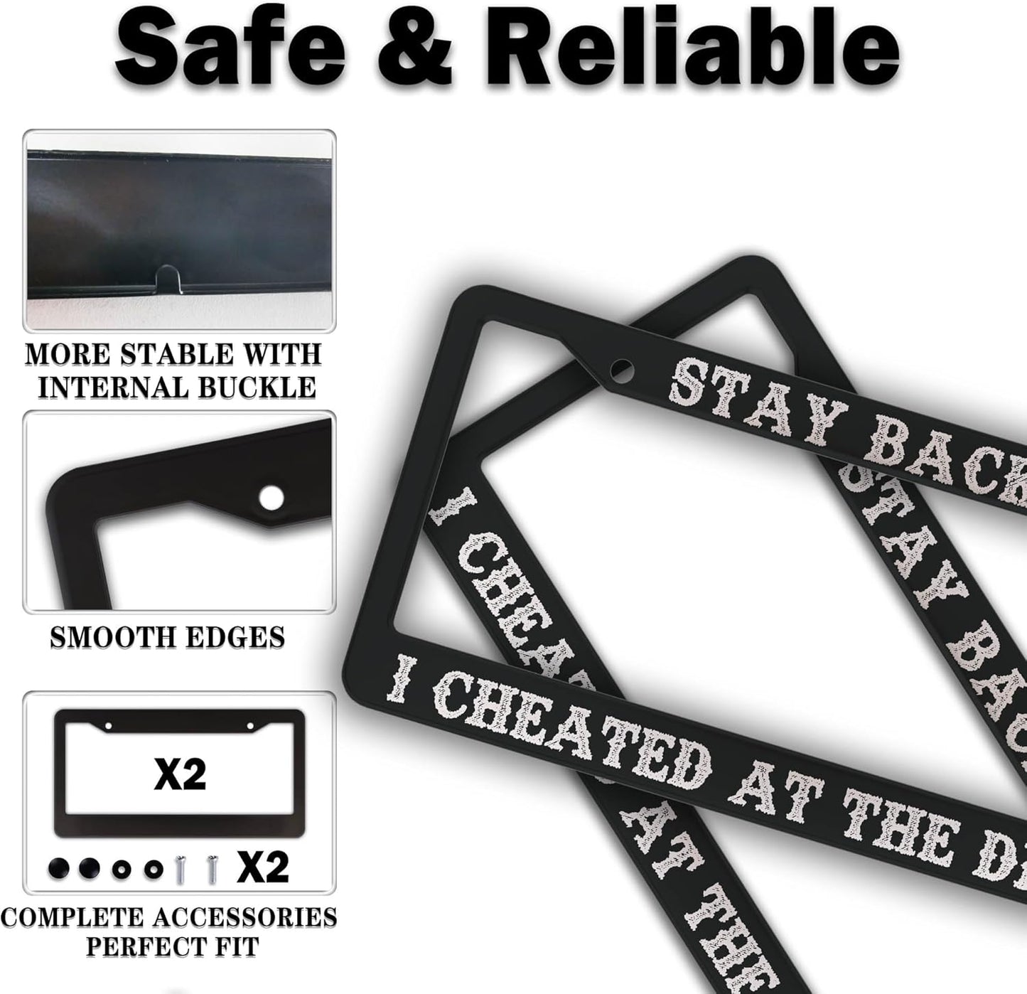 License Plate Frames Black and White License Plate Frame Holder Stay Back I Cheated at The DMV Universal Aluminum Car Accessory 2 Pack with Screw Covers Set