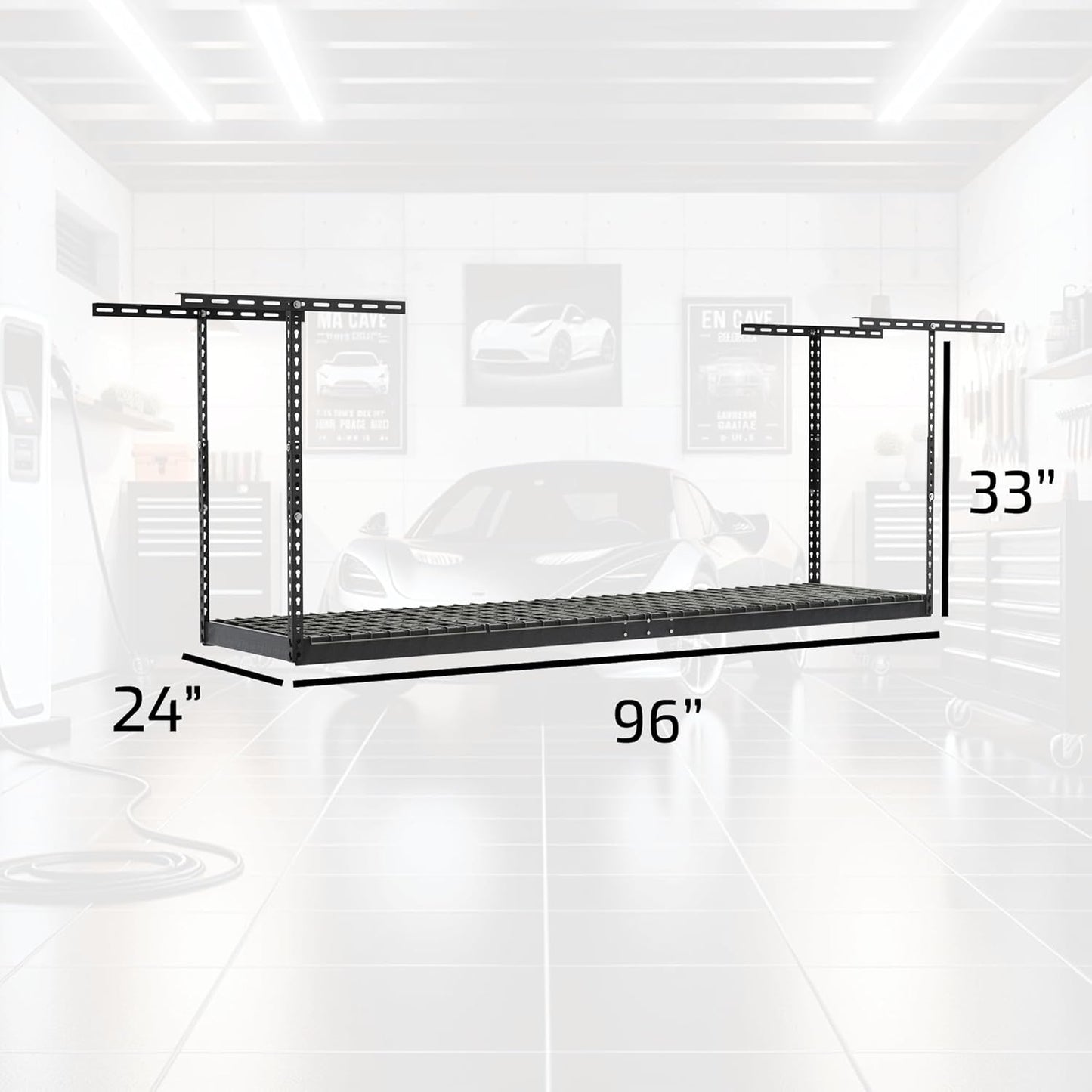 MonsterRax Overhead Garage Storage Rack 2x8, Ceiling Mounted Shelving, Adjustable Hanging Organizer, Heavy Duty Steel, 350 Pound Capacity, Color: Hammertone, Adjusts 18-33" from Ceiling