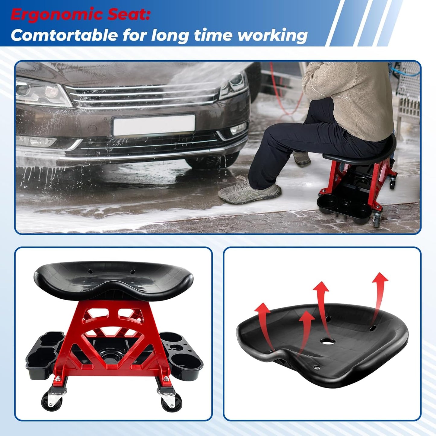 Durable Mechanic Seat with Wheels - Heavy Duty Rolling Stool Car Detailing Creeper Seat with Tool Tray for Workshop, Auto Repair Shop and Home