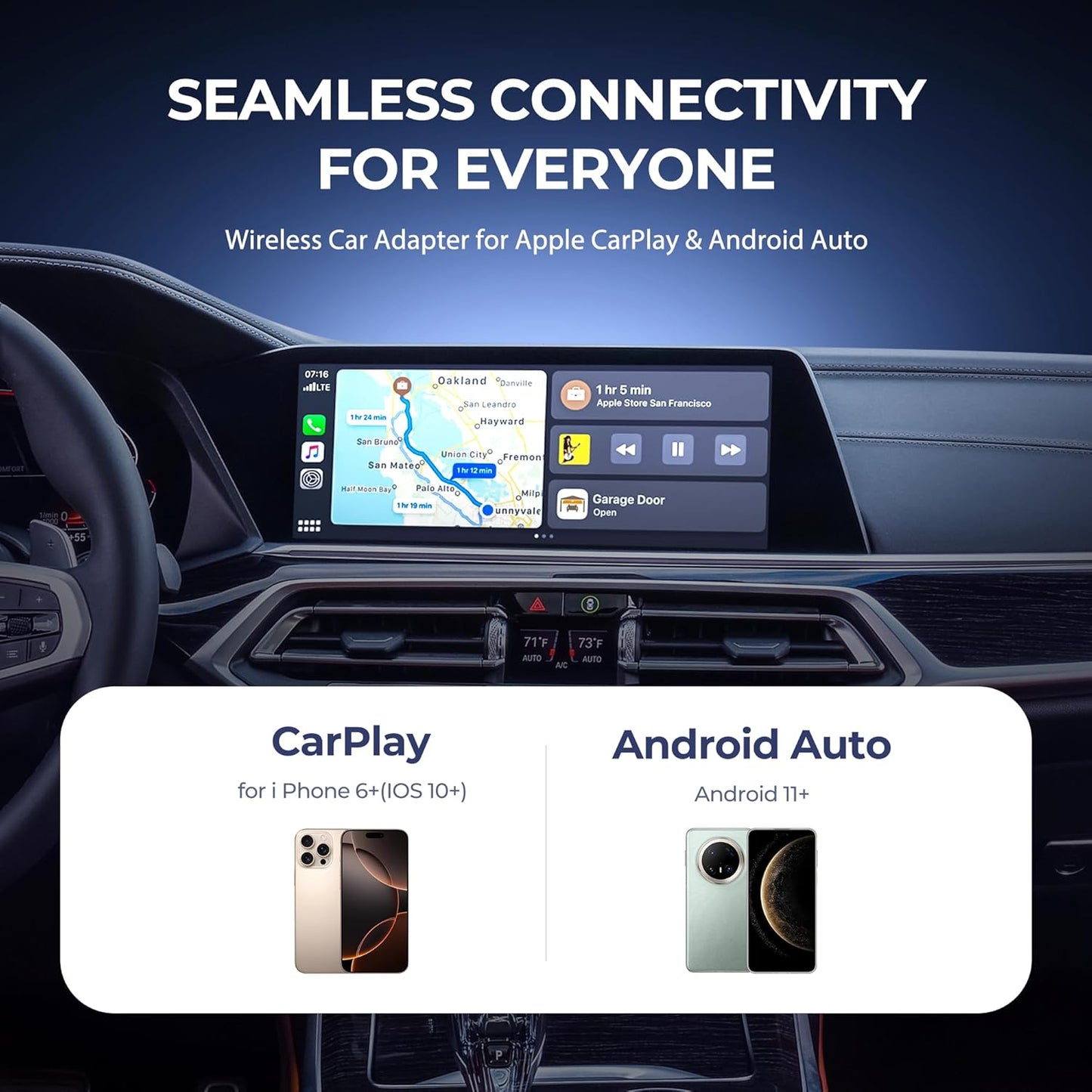 Wireless CarPlay/Android Auto Adapter 2 in 1 - Converts Wired Carplay & AndroidAuto to Wireless Plug and Play Car Play Wireless Adapter Compatible with iPhone 6+/iOS 10+ and Android 11+