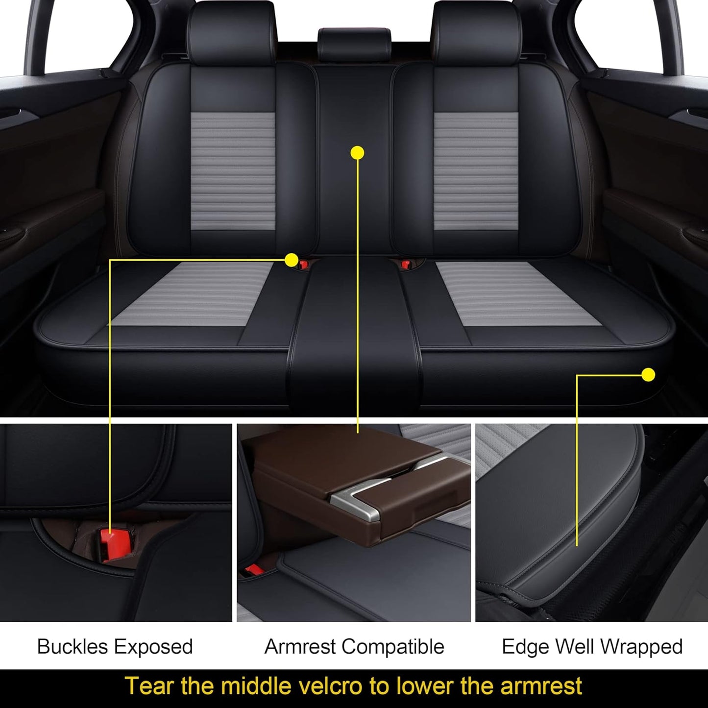 LINGVIDO Car Seat Covers, Breathable and Waterproof Faux Leather Automotive Seat Covers for Cars SUV Truck Sedan,Universal Anti-Slip Driver Seat Cover with Backrest(Rear Seat, Gray+Black)