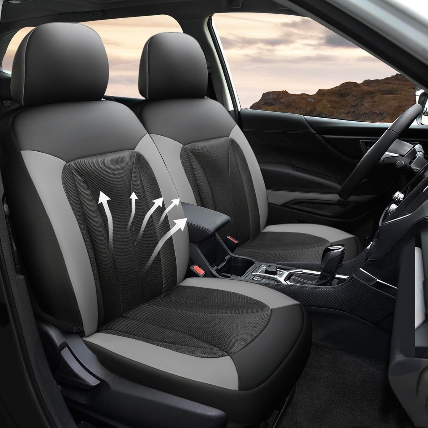 GIANT PANDA 2 Front Leather Car Seat Cover for Hyundai,3D Air Cool Mesh Thick Seat Covers Custom Fit Hyundai Sonata Elantra Santa Fe Tucson Accent Kona Palisade Genesis Venue Ioniq (Grey+Black)