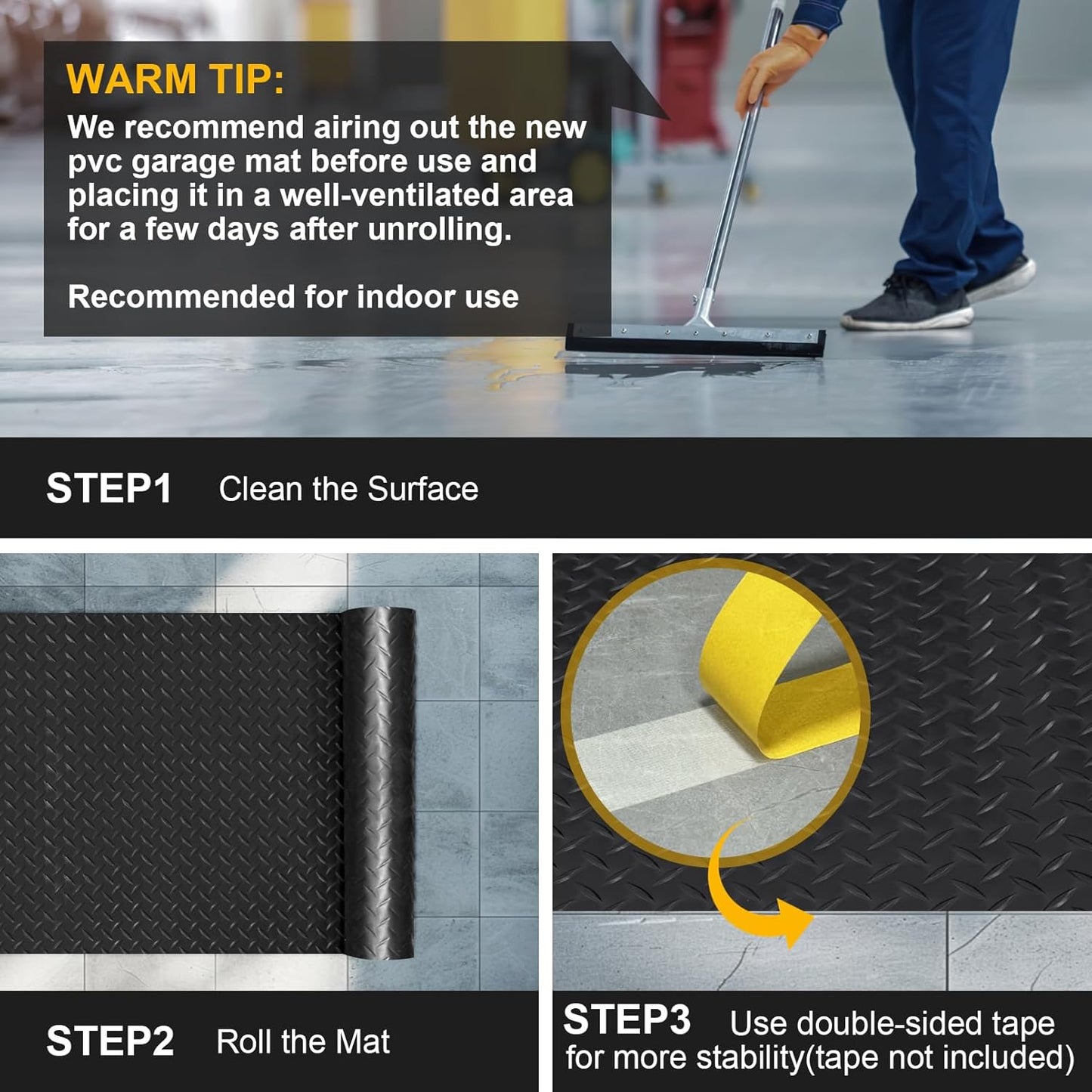 4x8FT Garage Floor Mat, 2.8mm Thickened Flooring Roll for Under Car, Golf Cart Parking Mat, Diamond Plate PVC Rubber Motorcycle Mat, Non-Slip Floor Protector for Garage Warehouse Trailer, Black