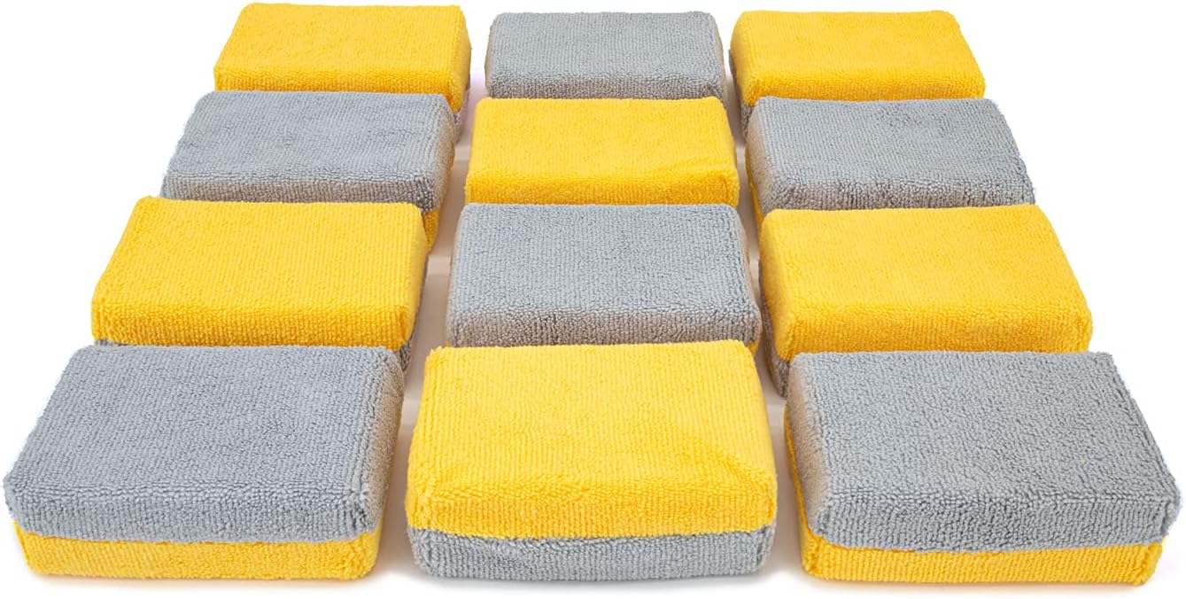 Autofiber Thick [Saver Applicator Terry] Ceramic Coating Applicator Sponge | 12 Pack | with Plastic Barrier to Reduce Product Waste. (Gold/Gray)