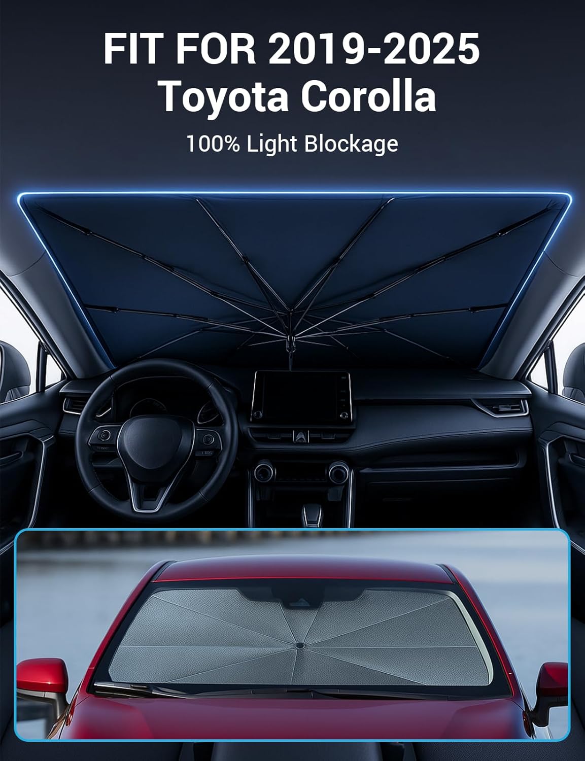 Proadsy Windshield Sun Shade Umbrella for Toyota Corolla 2019-2025 Foldable Car Umbrella Sunshade with Soft TPU Handle Spring Structure Crystal Cooling Material Protect Car from Rays & Heat