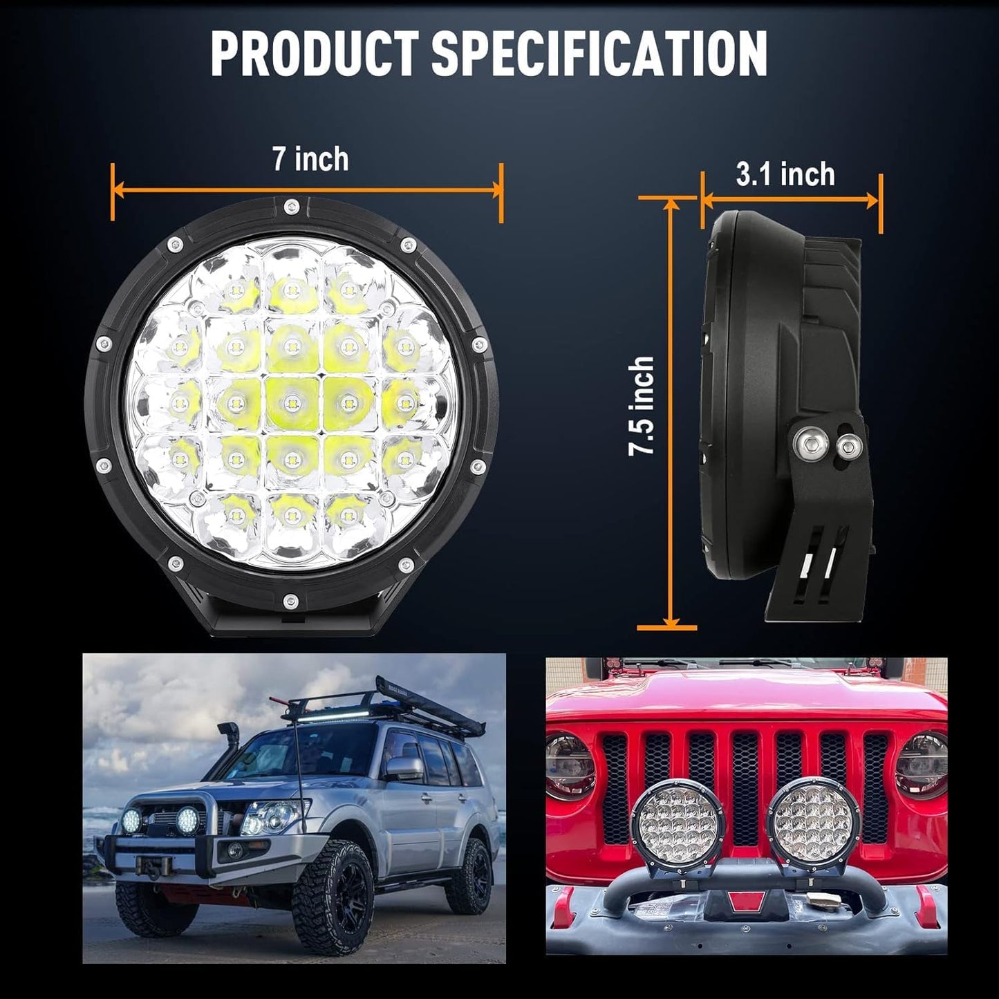 BIGLION.X Round LED Offroad Lights 7 Inch Super Bright Offroad Driving Spot Lights with Black Covers IP68 12V 24V for Trucks Pickup ATV UTV SUV