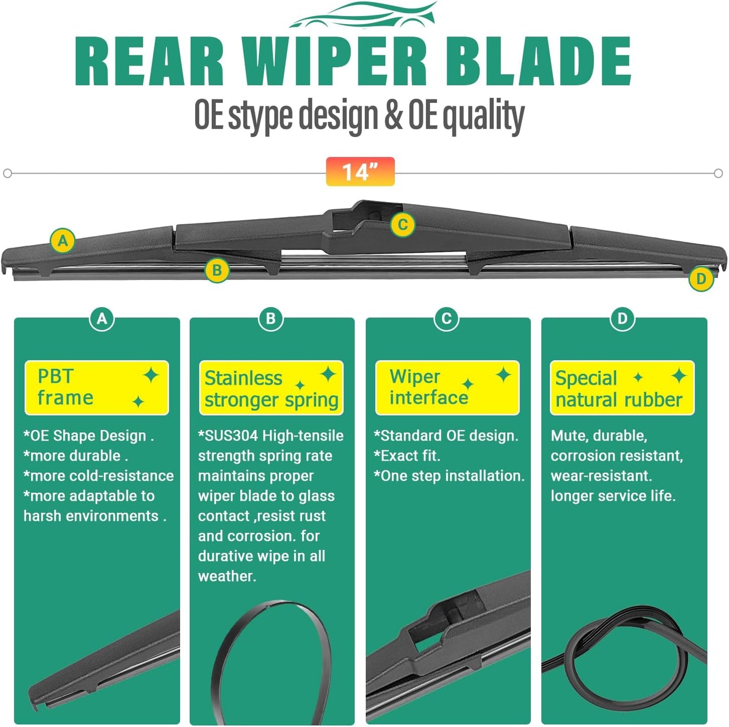 22" 20" 14" Windshield Wiper Blades Replacement for Scion xB 2008 2009 2010 2011 2012 2013 2014 2015 Premium All Weather Front Rear Wipers Set - OEM Quality (Pack of 3)