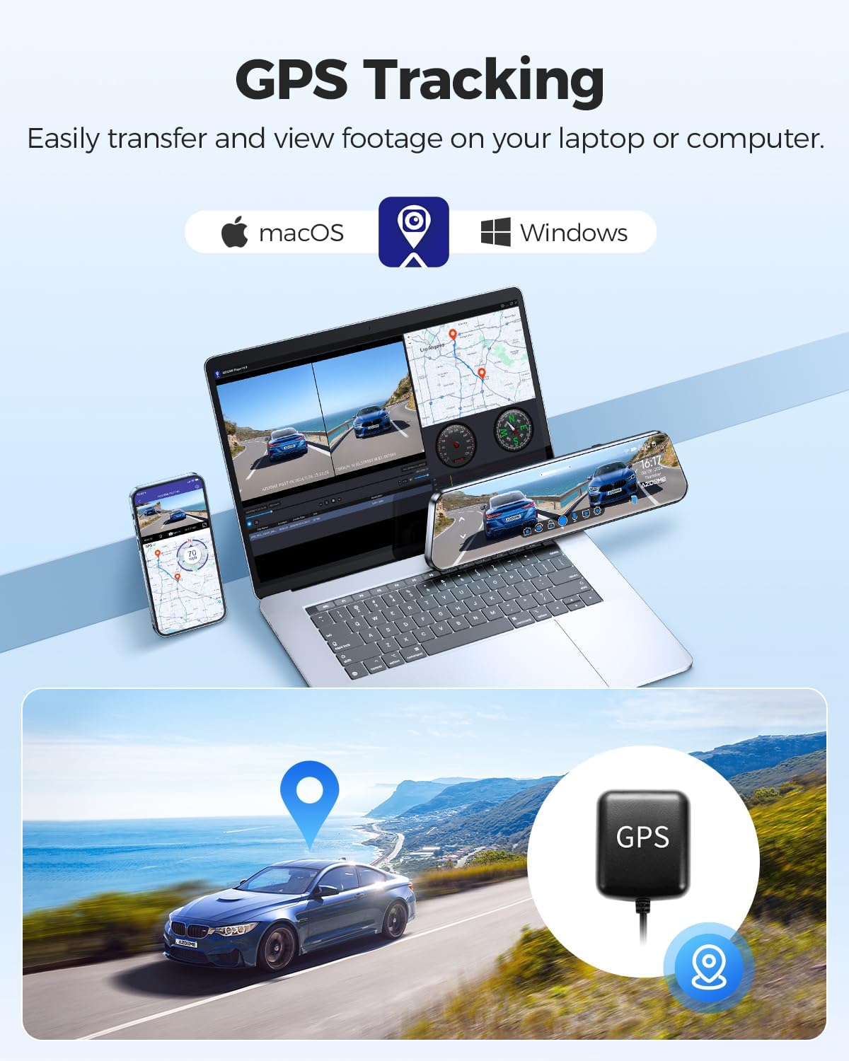 AZDOME PG17 12" 4K Mirror Dash Cam Front and Rear, Wi-Fi 6 Rear View Mirror Camera with 64GB Card, Voice Control Dash Camera for Car, Rearview Mirror Camera with GPS Night Vision Parking Assistance