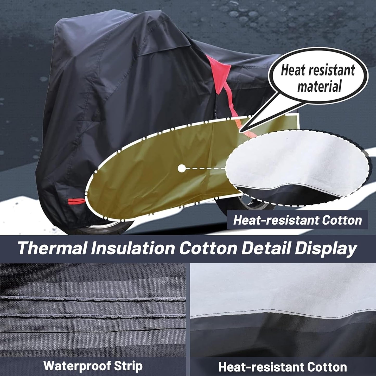 Motorcycle Cover,Waterproof Zipper Outdoor Cover for All Seasons Windproof, High Heat Resistance Dustproof and Rainproof Snowproof(Red Zipper L Fits Up to 91 inch)