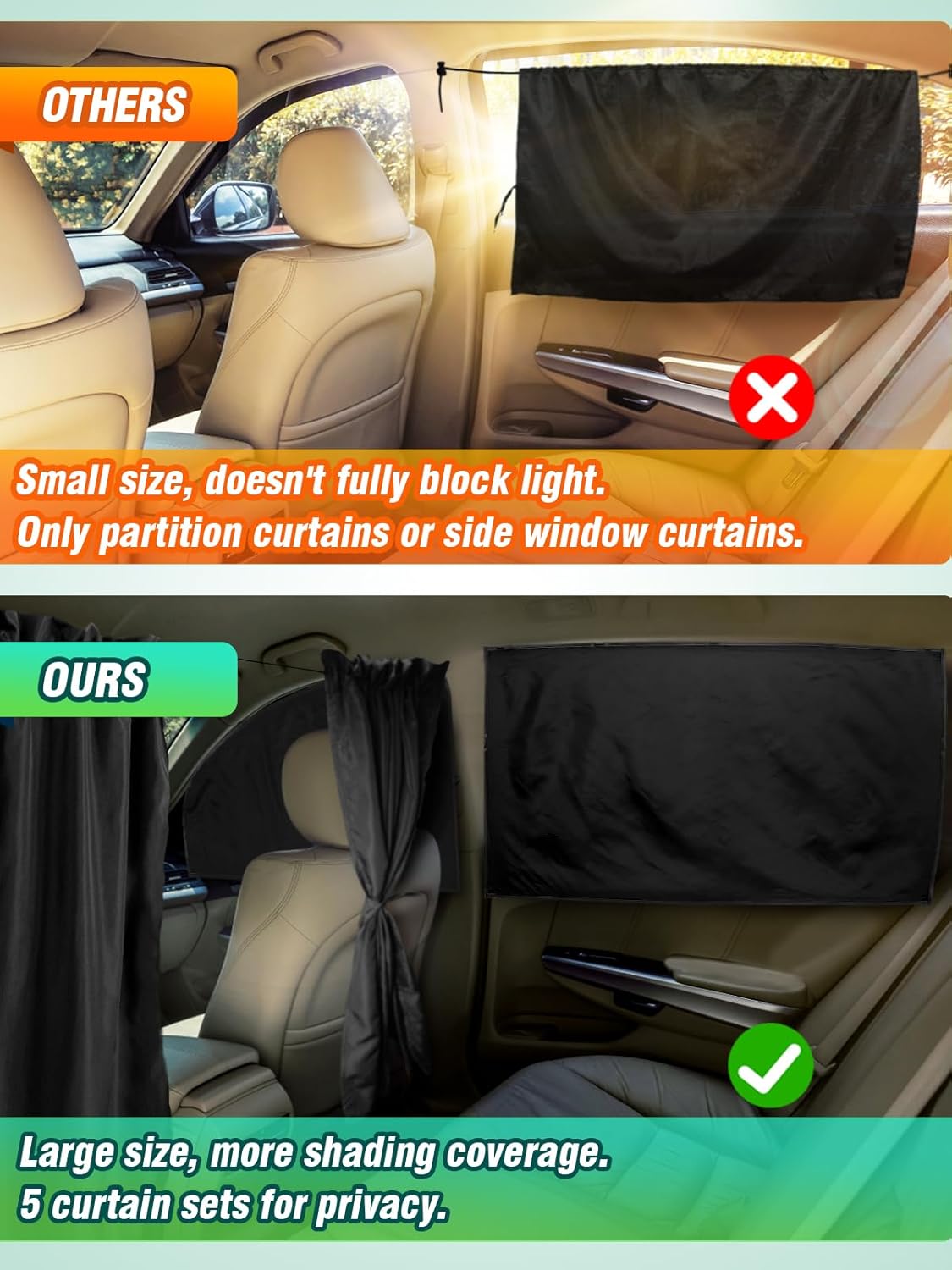 Set of 5 Car Privacy Curtains for Sedan- 4 Magnetic 31.5*18.9in Side Car Window Curtains & 1 Rear Seat Divider Curtain with Storage Bag, Baby Shades Screen Sun Covers for Camping Travel Nap Sleeping