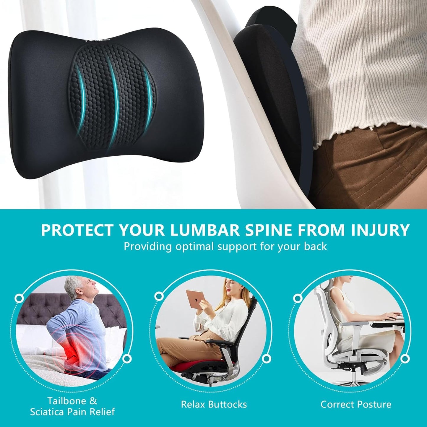 FLORICH 3 PCS Seat Cushion for Carseat Lumbar Support Pillow Car Neck Headrest Pillows Memory Foam Seat Pads Pressure Relief Back Cushion for Office Chair(Black)