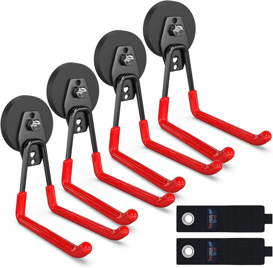 3-H Heavy Duty Magnet Garage Hooks 4 Pack, Extra Large Strong Magnetic Hooks for Hanging Cordless Power Drill, Utility Magnetic Tool Holder for Metal Cabinet, Steel Pegboard, Toolbox, Garage(Red)