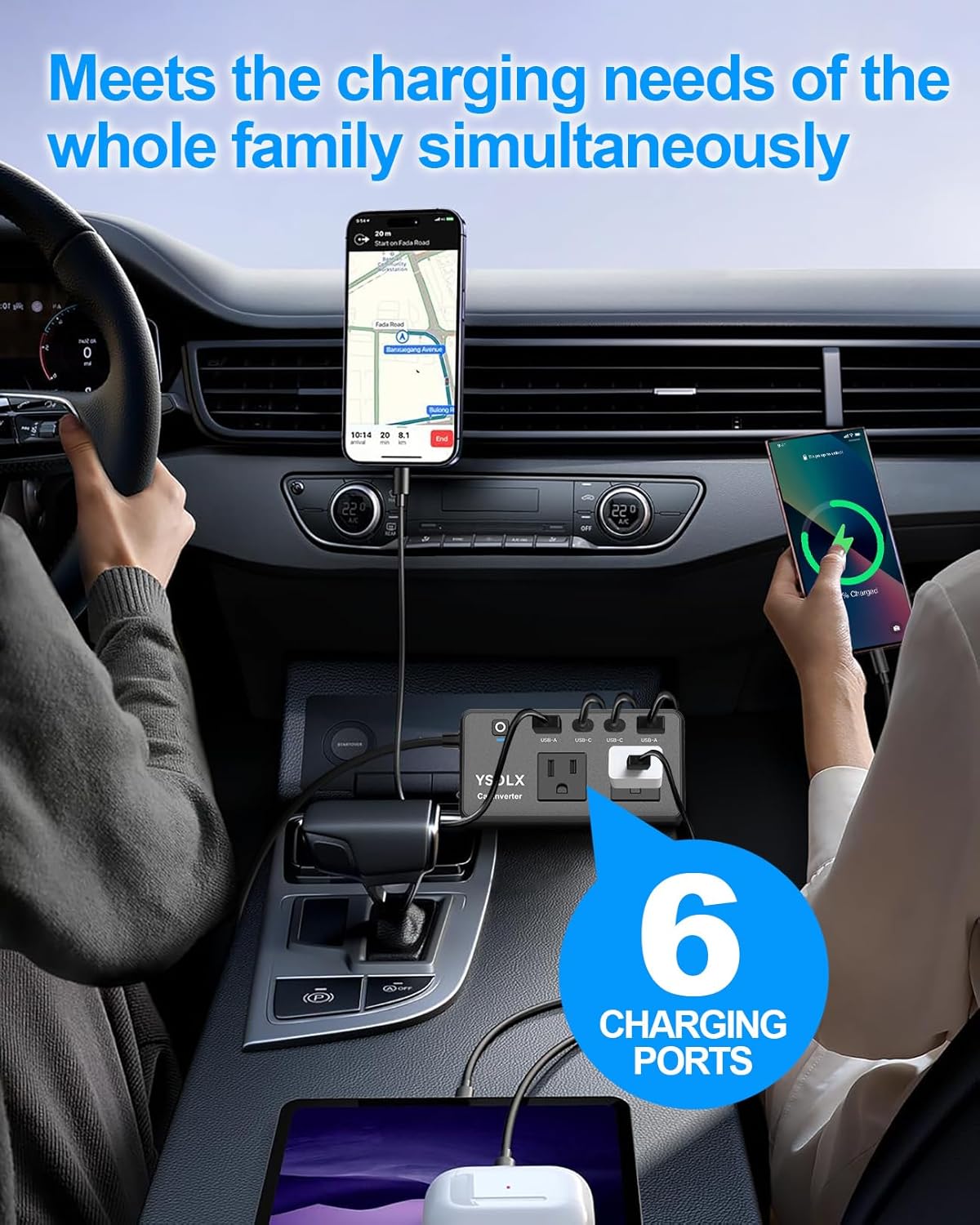 300W Car Power Inverter - YSOLX Dual DC 12V to 110V AC Car Outlet Adapter to Wall Plug, 24W Fast Charging USB-C&USB-A, Portable Charger Converter with for Laptops, Phones