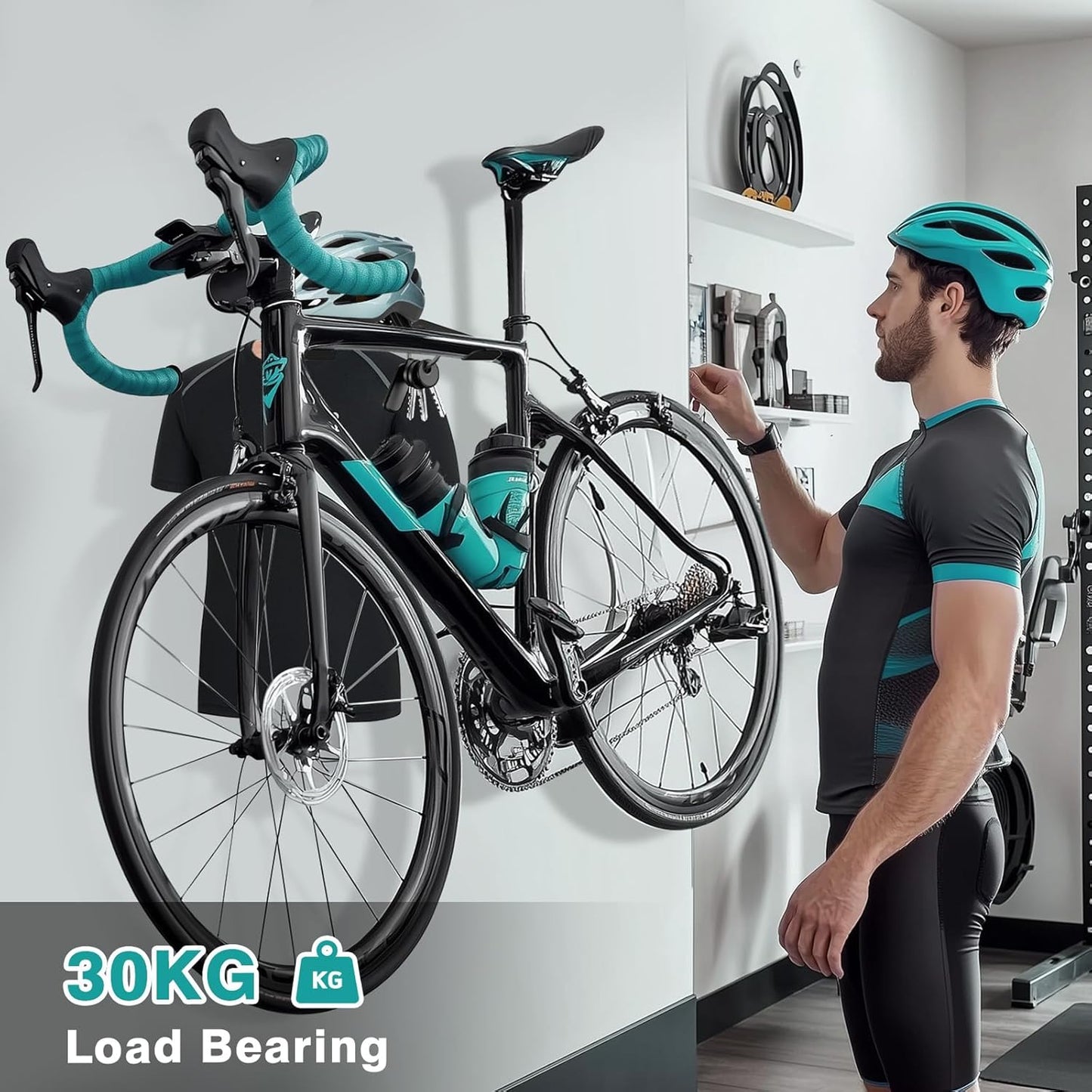 Bike Wall Mount Rack, Horizontal Bicycle Storage Hanger for Garage, Home, Apartment, Wall Mounted Bike Holder with Hook and Shelf for Cycling Accessories Organization, Heavy-Duty Metal