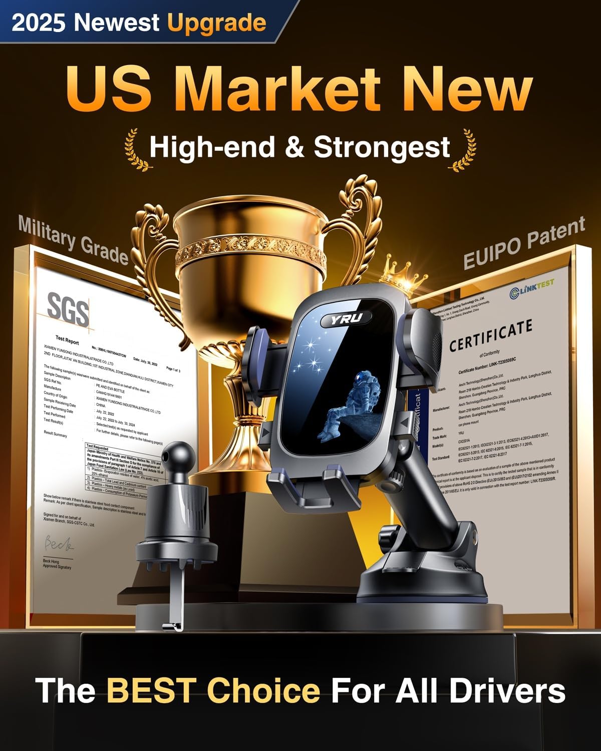 YRU True Military-Grade & 360 Degrees Rotatable Suction 2025 Ultimate Car Phone Holder Mount 90+LBS Safest Strongest Patent Certs Dashboard Windshield Vent for iPhone 16 15 Pro Max Samsung Dark Black