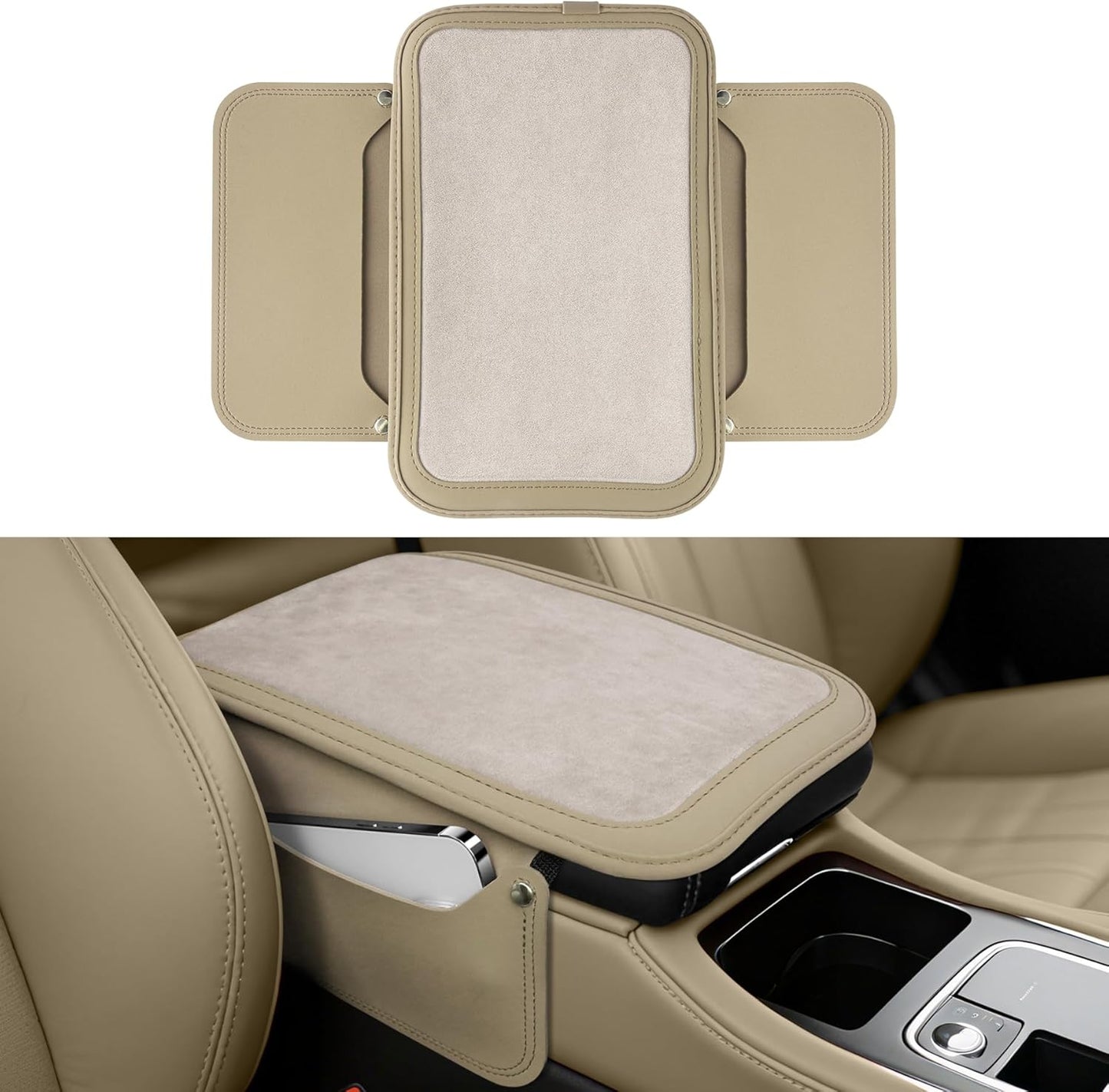 SINGARO Car Leather Center Console Cover with 2 Storage Bags, Universal Furry Fluffy Car Armrest Seat Box Pad, Comfortable Car Interior Accessories, Fits for Most Vehicles (White)