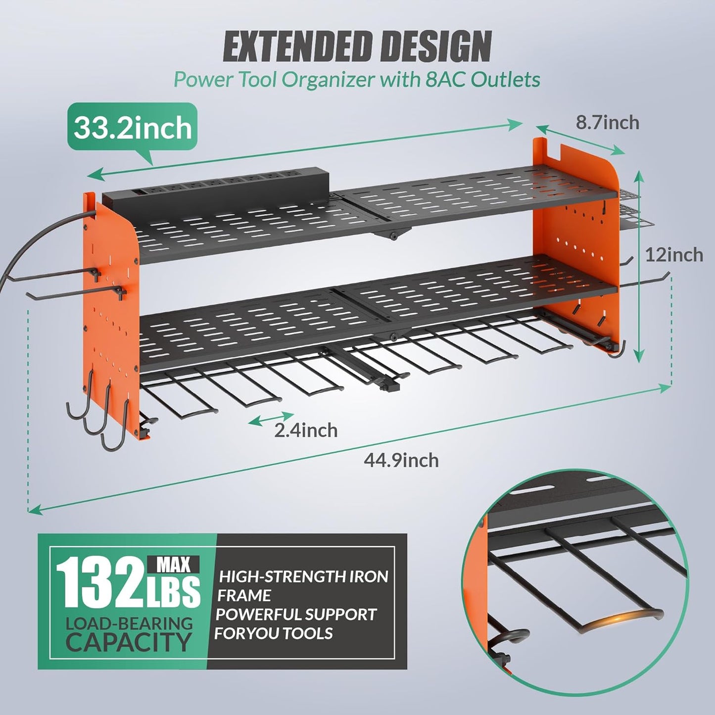 Suchtale Power Tool Organizer with Charging Station,33.2''Garage 8 Drill Holders Wall Mount,3 Layers Heavy Duty Metal Tool Shelf with 8 Outlets Power Strip, Gift for Men, Father, Orange