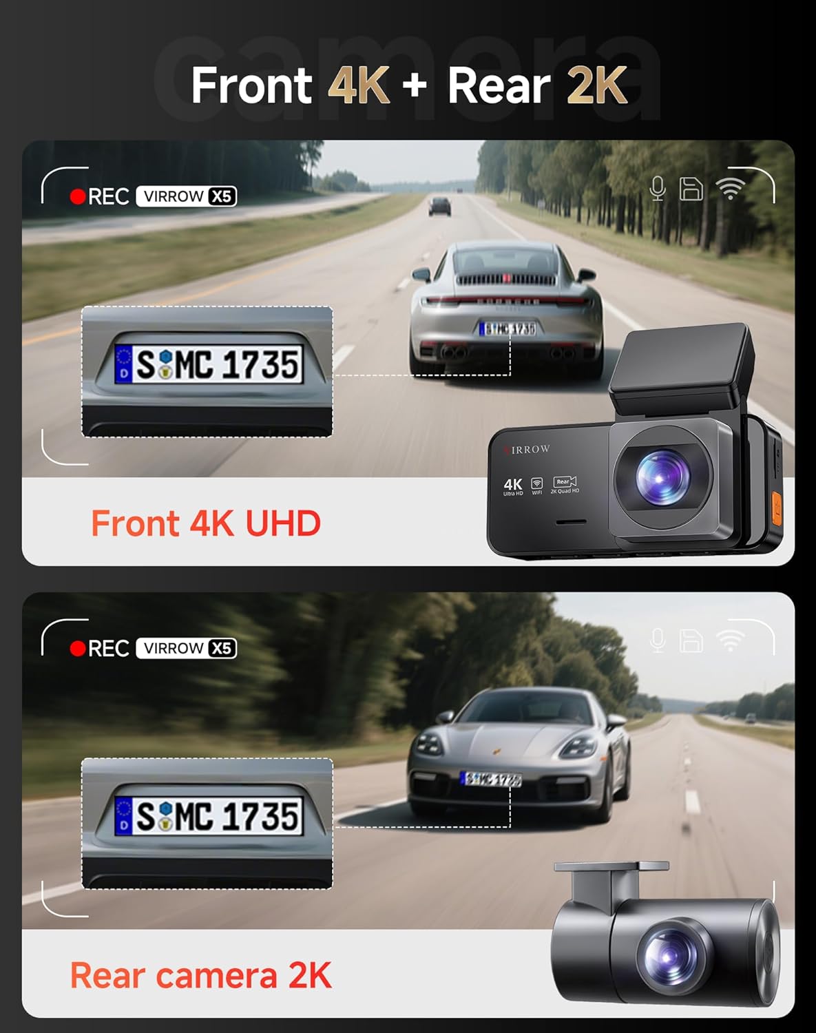 Dash Cam Front and Rear: 4K+2K Dash Camera for Cars - Dashcam Built-in WiFi APP Control 64GB Included 3.39" Touchscreen 24H Parking Monitor WDR Night Vision Loop Recording Collision Detection(X5)