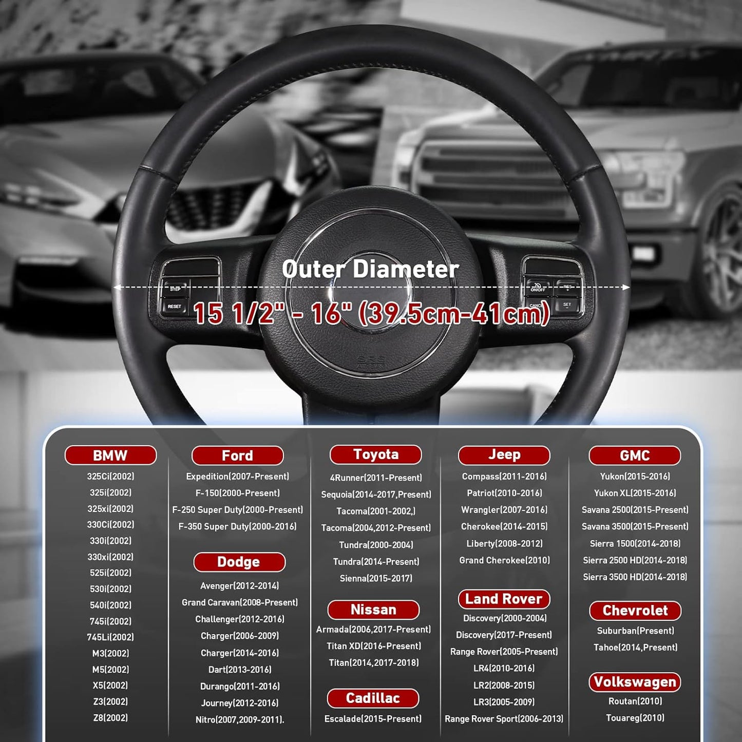 SEG Direct Car Steering Wheel Cover for F-150 Tundra Range Rover Large Size 15.5-16 inch (39.5-41cm) Black Breathable Microfiber Leather