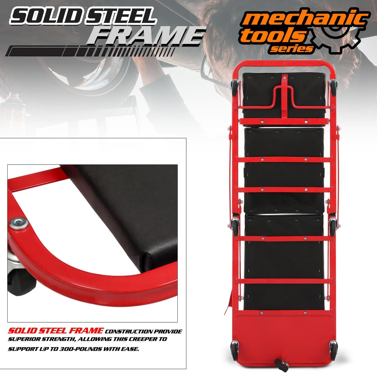 M-AUTO Heavy-Duty Convertible Mechanic Creeper, Z-Creeper 2-in-1 Creeper and Seat 48" Padded Adjustable Headrest Roller Garage Chair with 7 Swivel Casters for Washing, Detailing, Maintenance, Red