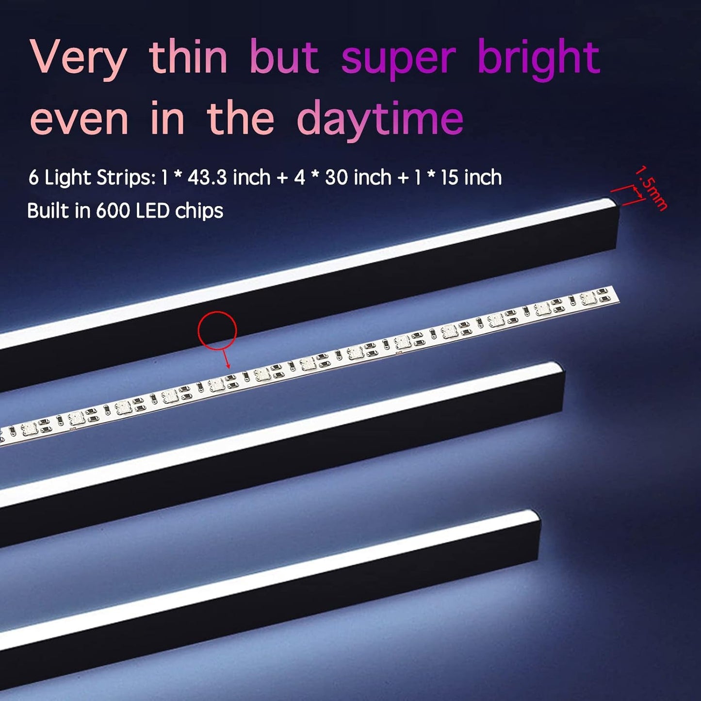 Interior Car LED Lights, RGB Dream Color Acrylic LED Lights for Car, Ambient Lighting Kits with Wireless APP and RF Remote Control, Music Sync Dynamic Chasing (6 in 1)