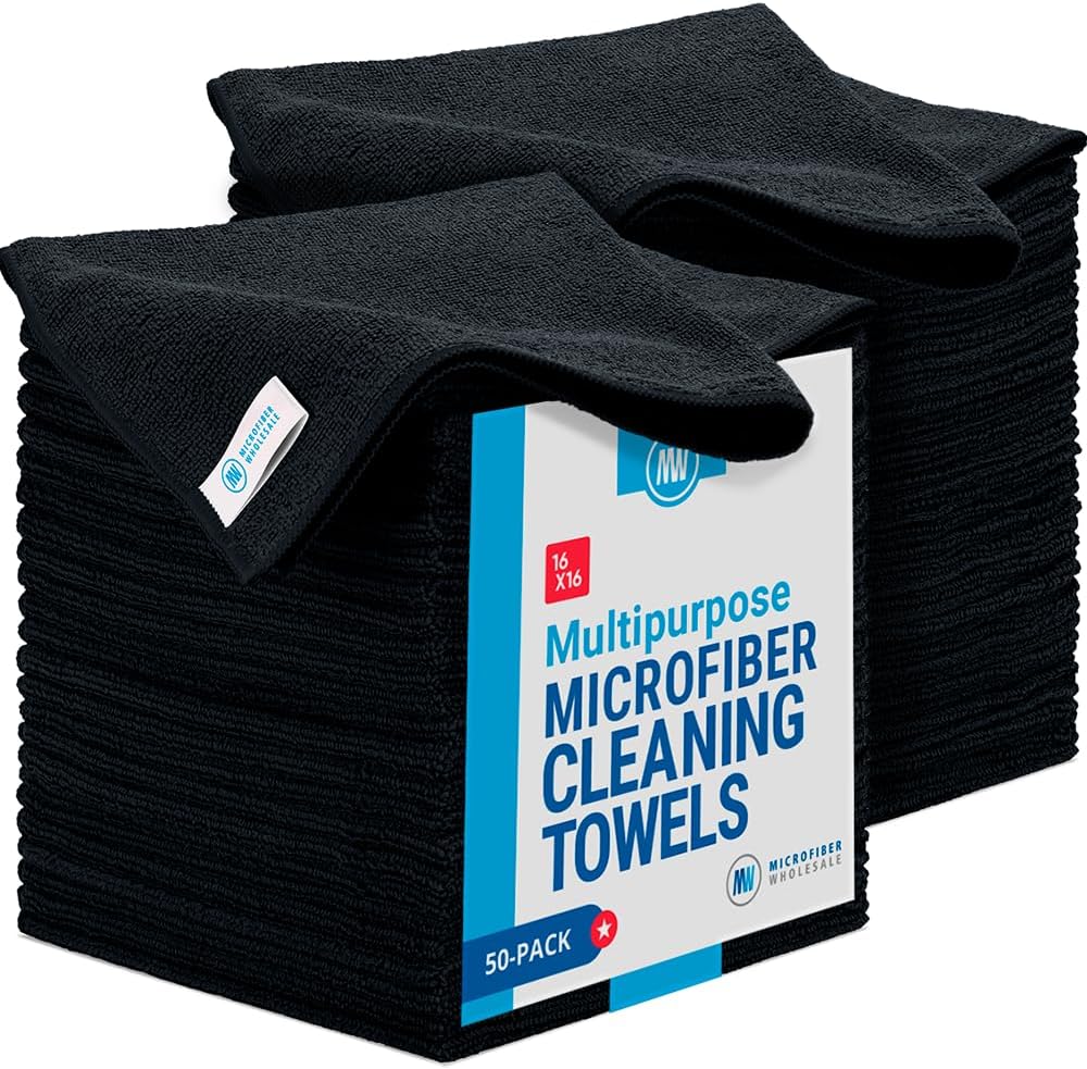 16" x 16" All Purpose Microfiber Towels - 50 Pack - Reusable Wash Cloths, Dust, Kitchen, Car, Shop Rags for Cleaning (Black)