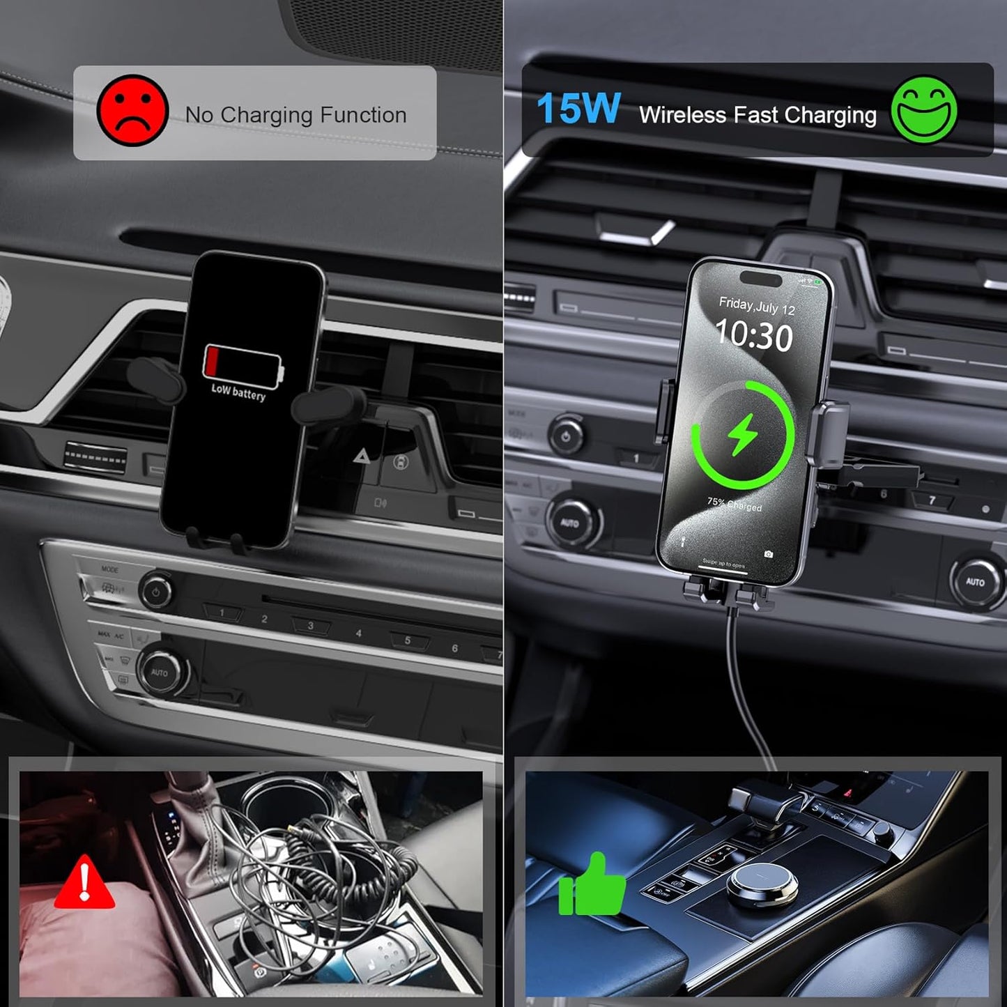 Wireless Car Charger, MOKPR 15W Fast Charging Auto Clamping CD Slot Air Vent Car Phone Holder with LED Light Car Charger for iPhone 16/15/14/13/12 Pro Max Plus, Samsung S23/S22/S21,etc