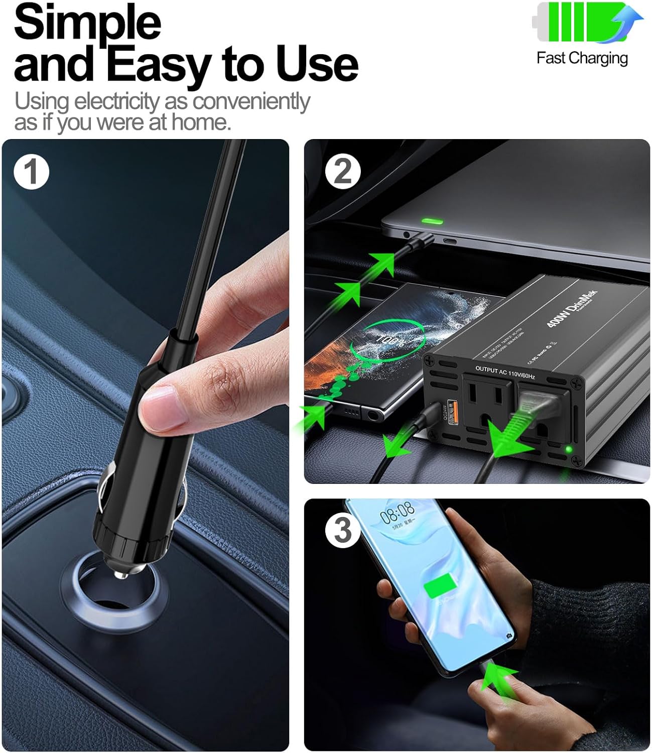 400W Car Power Inverter - Dual DC 12V to 110V AC Car Plug Adapter Outlets, Fast Charging USB C 65W & 24W Port, Power Inverters for Vehicles, Laptop Car Charger, Road Trips