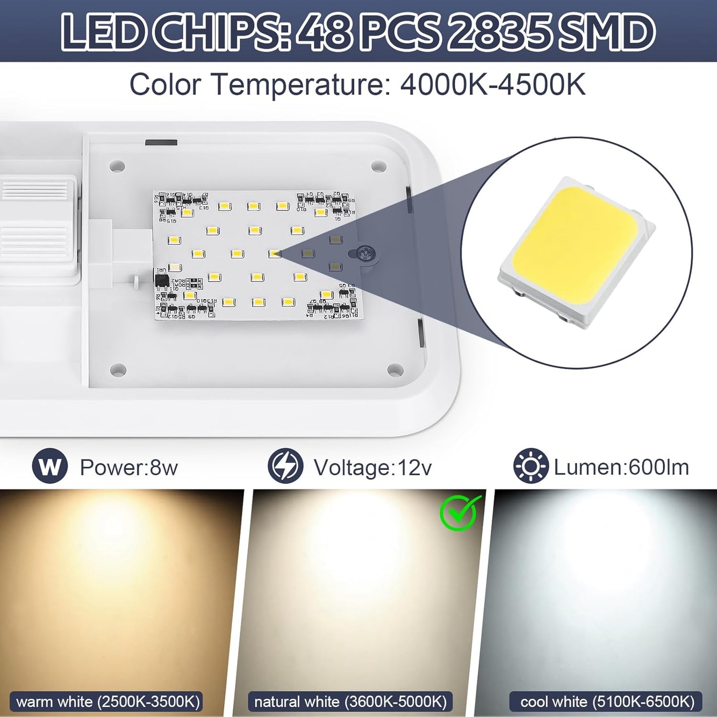 1 Pack RV Lights Interior 12V Led 8W Ceiling Double Dome Camper Light 600 Lumen Brightness Light Fixture for RV Camper Trailer Boat Car, Natural White 4000-4500K, 48 X 2835 SMD LED