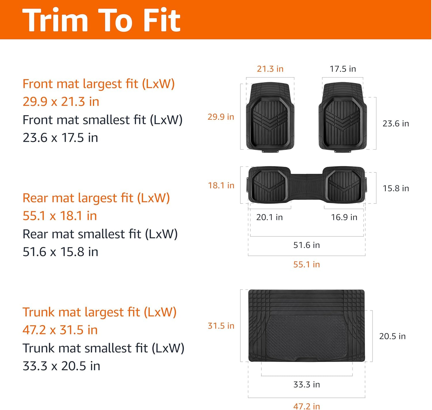 Amazon Basics 4-Piece Heavy Duty PVC Floor Mats with Cargo Liner and Rear, Waterproof Trim To Fit Car Mats, Black