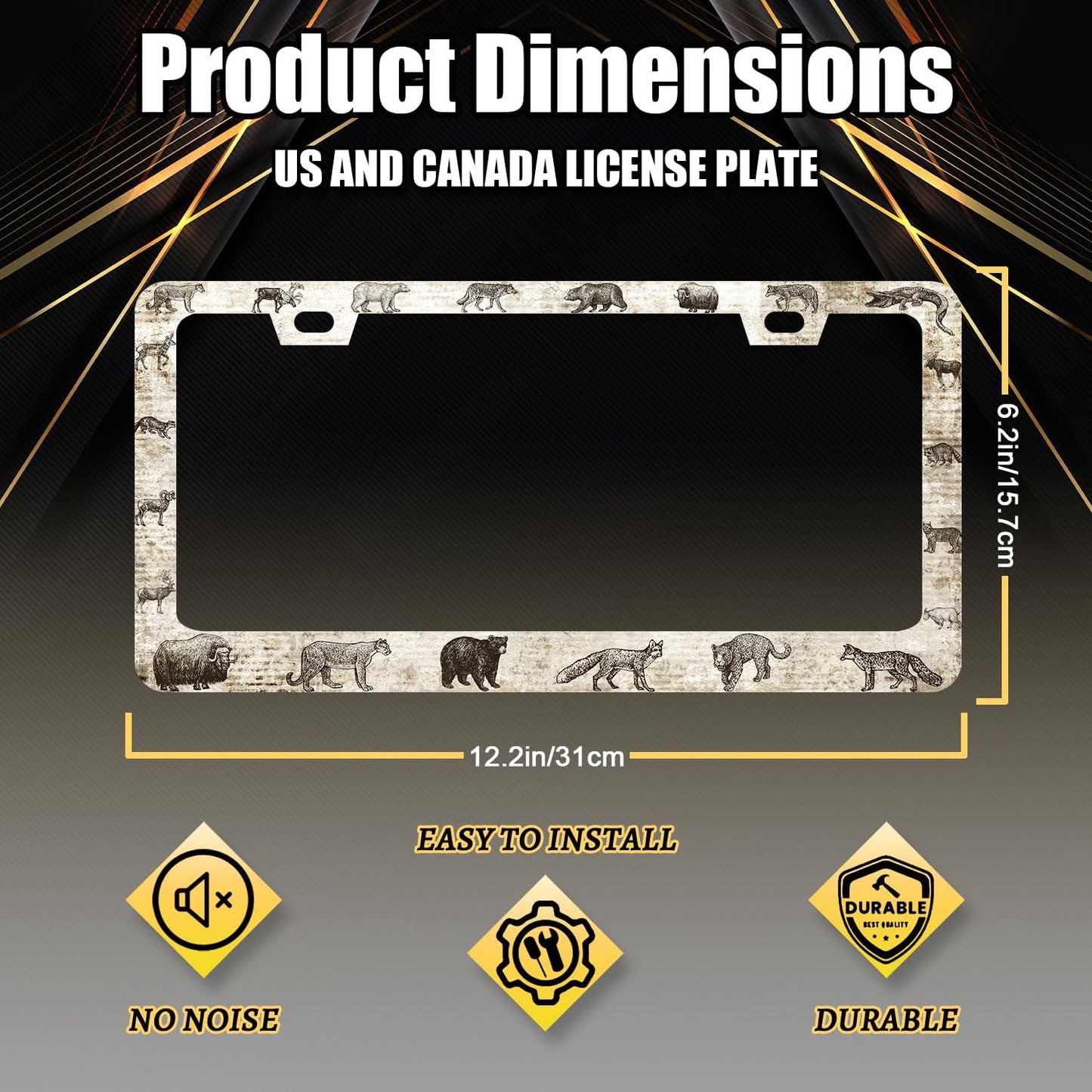 Animals License Plate Frame Bear Deer Horse Tiger License Plate Holder Stainless Steel Funny Design with 2 Holes and Screws 12.3" x 6.3"