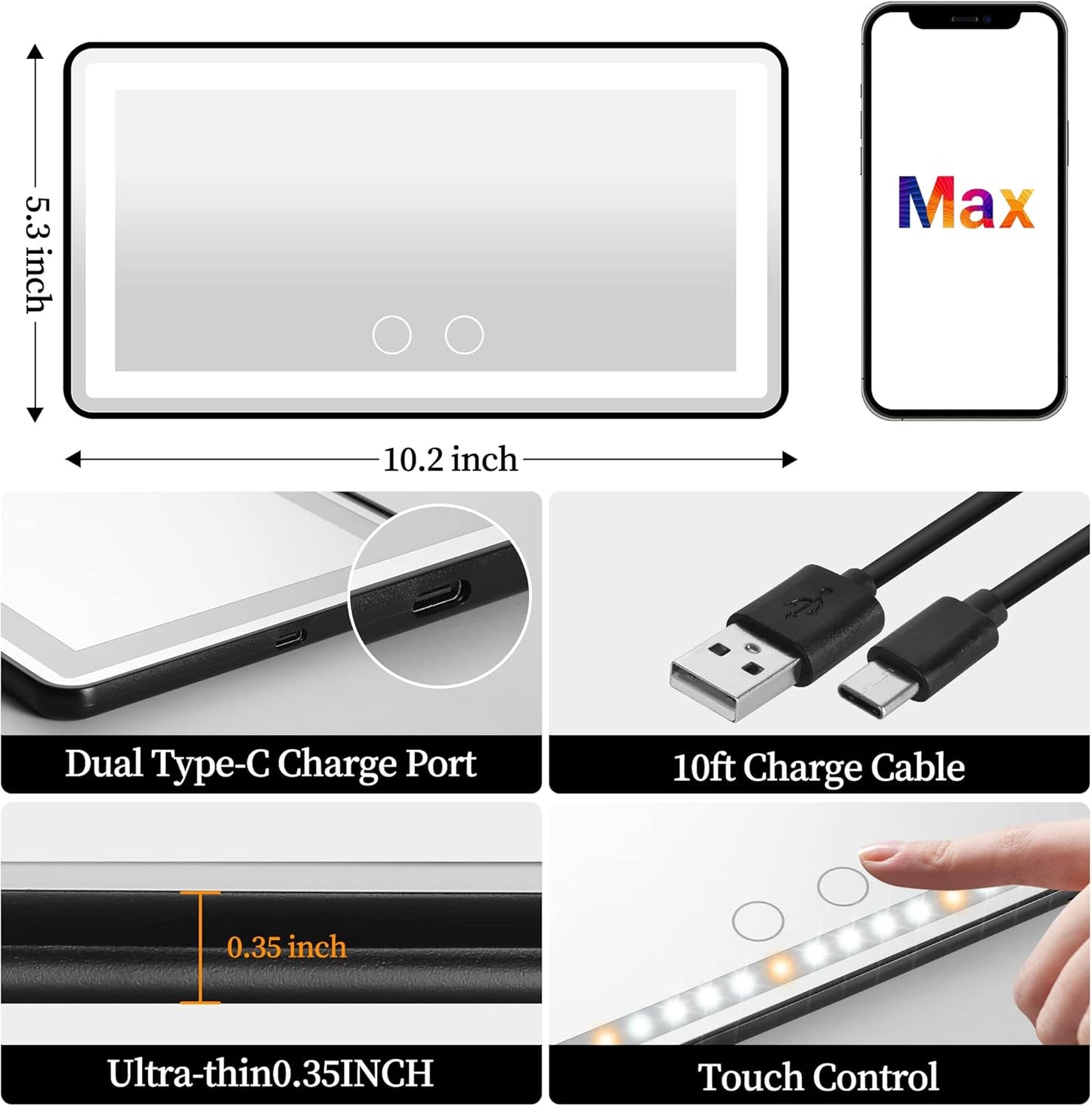 Car Sun Visor Vanity Mirror with Lights, Rechargeable Car Makeup Mirror Accessories, Birthday Gifts for Women Girl, 3 Light Modes, Dimmable Touch Led Screen, Universal for Car Truck