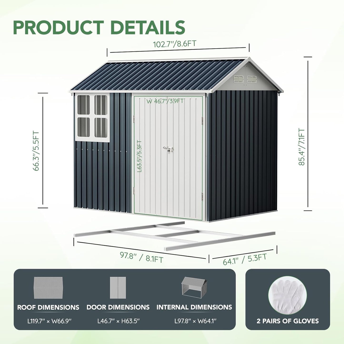 8X6FT Outdoor Steel Storage Shed with Lockable Doors, Frame Floor (No Wood/Other Boards),One Window,Ideal for Garden, Backyard, Patio Storage