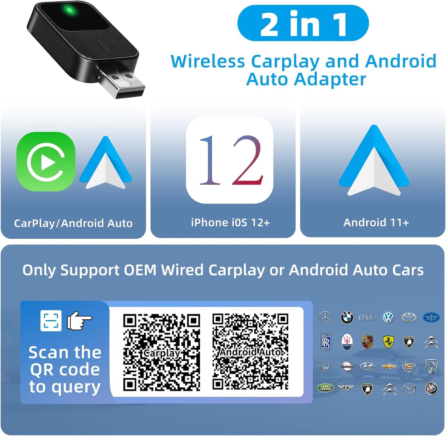 Wireless CarPlay Adapter for Apple, Android Auto Car Adapter 2025, 2in1 Mini for iPhone,Wired to Wireless,Plug and Play Setup,USB/Type-C Port Seamless Car Connectivity,Support iOS 12+ and Android 11+