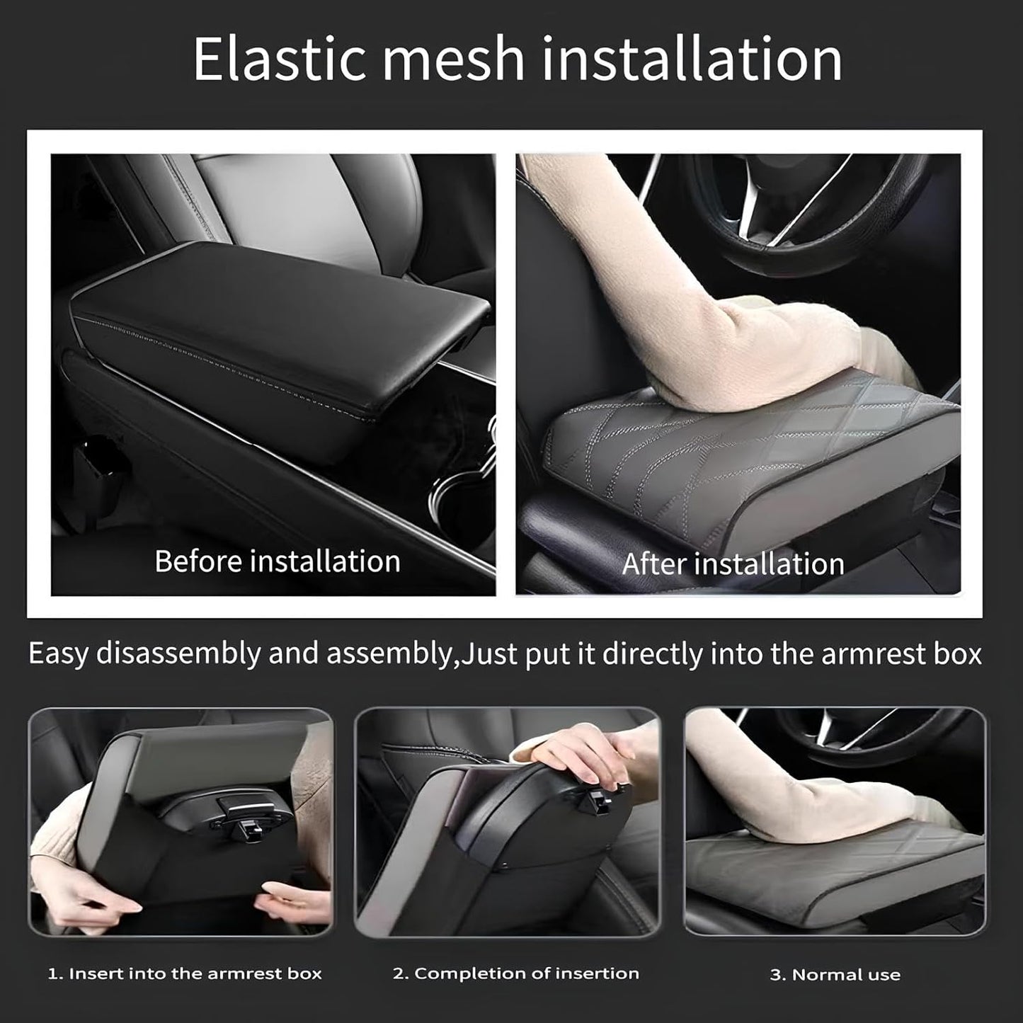 Leather Car Armrest Box Mat - 2023 New Waterproof Car Center Console Cover Mat, Universal Armrest Mat, Leather Car Armrest Cover for SUV/Truck/Vehicle (B-Black)
