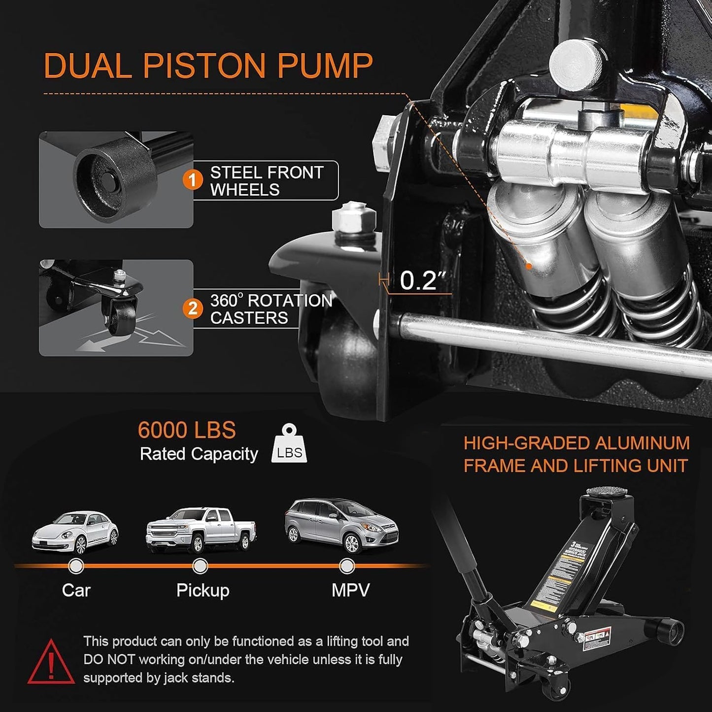 3 Ton Floor Jack Hydraulic Jack for Car with Dual Pumps, Quickly Lift for Cars, SUVs, Vans, Trucks, Heavy-Duty Steel Racing Floor Jack, 6600 lb Capacity