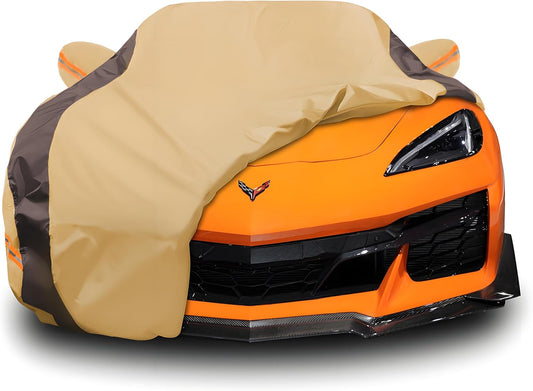 Car Cover Waterproof All Weather Compatible with Chevy Corvette C4 C5 C6 C7 C8, Outdoor Anti-UV Sun Rain Protection Full Exterior Cover (Camel with Brown)