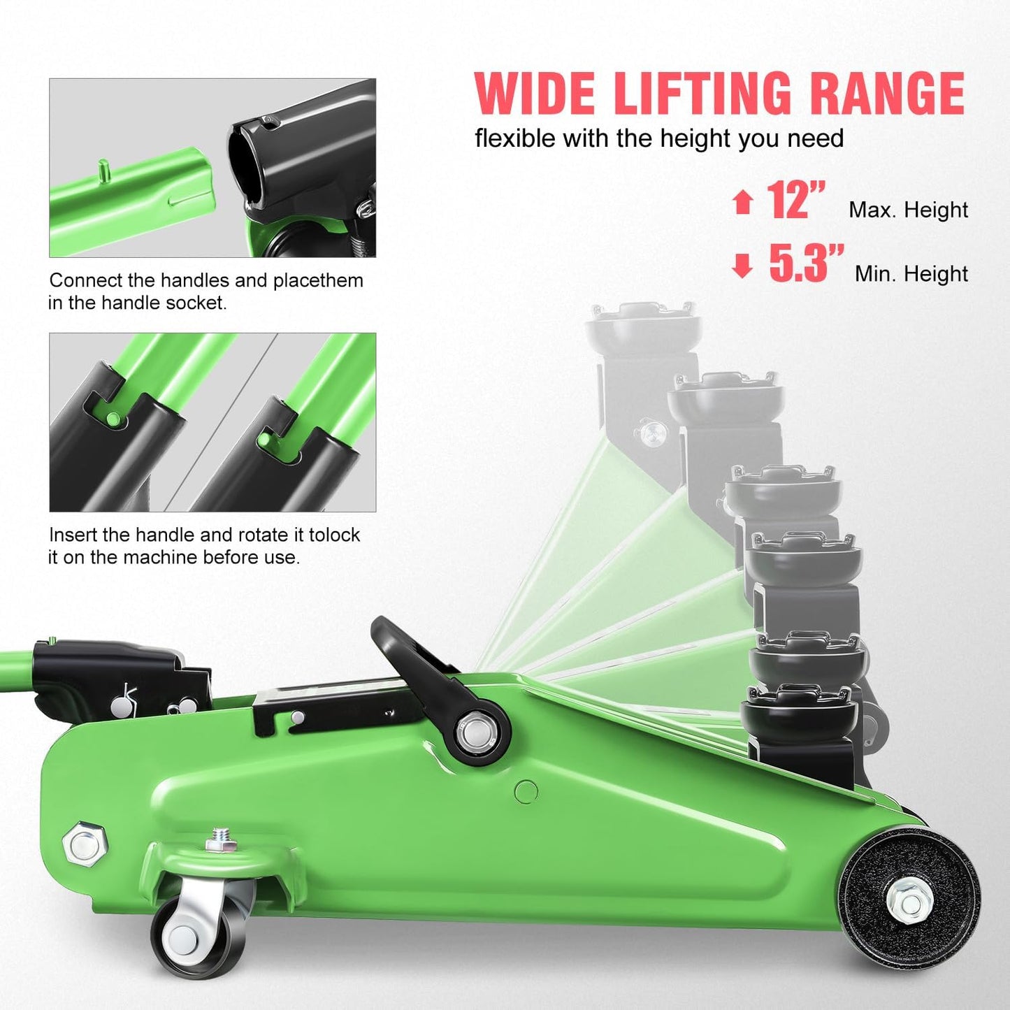DNA MOTORING Low Profile Hydraulic Trolley Service/Floor Jack, 1.5 Ton (3000 lbs) Capacity, Lifting Range 5.3"-12", Green, TOOLS-00326-GR